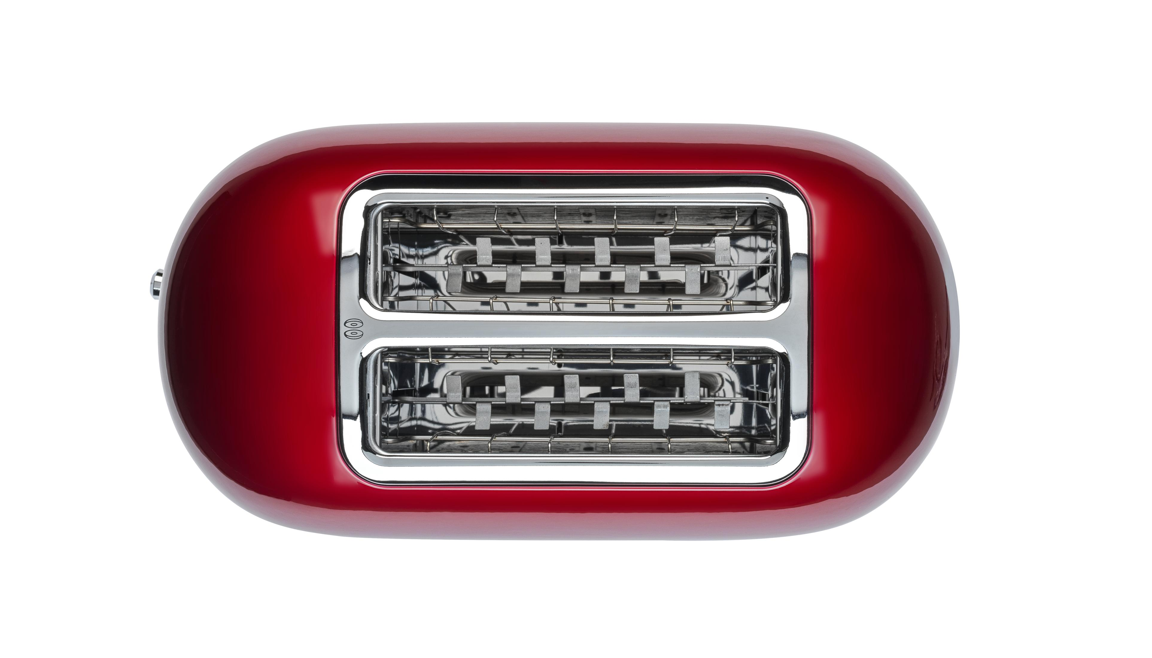 Ein roter Toaster im Retro-Stil, Draufsicht, mit zwei Schlitzen.