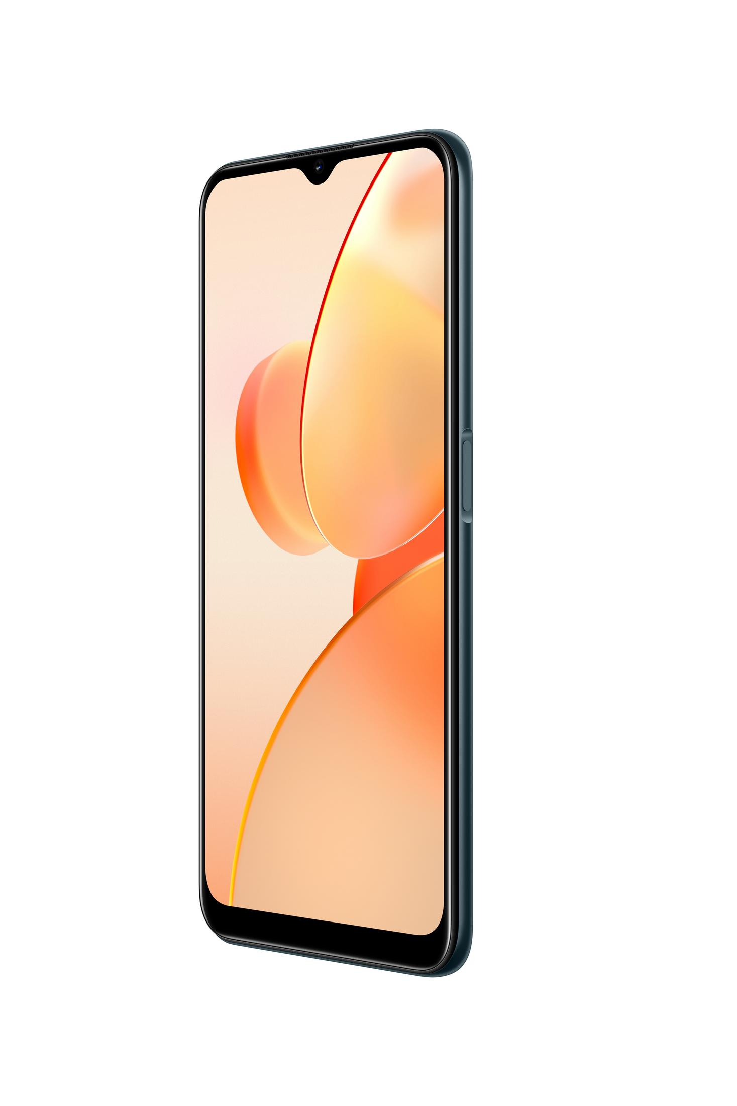 Un smartphone verde azulado con una pantalla que muestra formas naranjas y amarillas, sobre un fondo blanco.