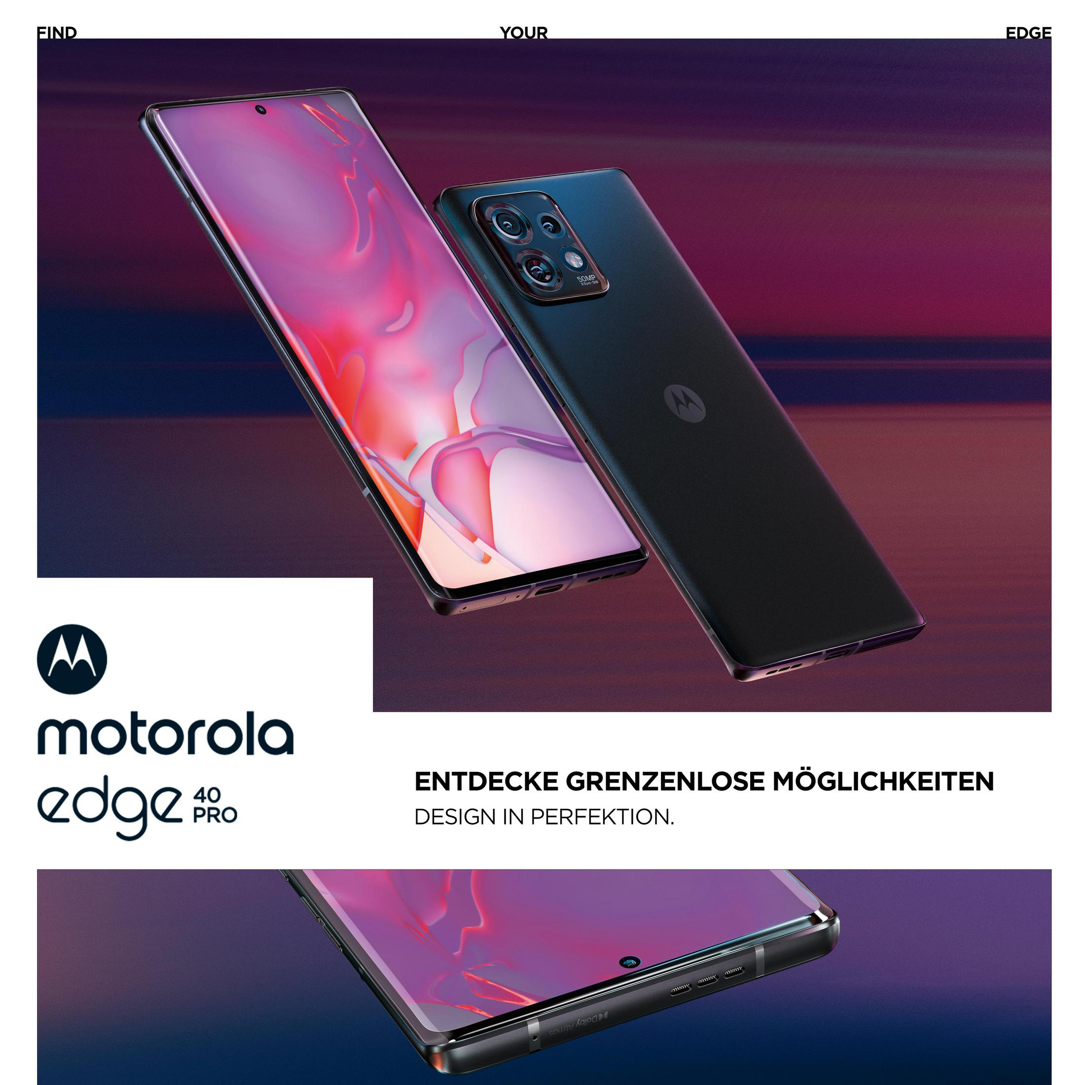 Telefony Motorola Edge 40 Pro. Jeden z włączonym ekranem, drugi tyłem do góry.