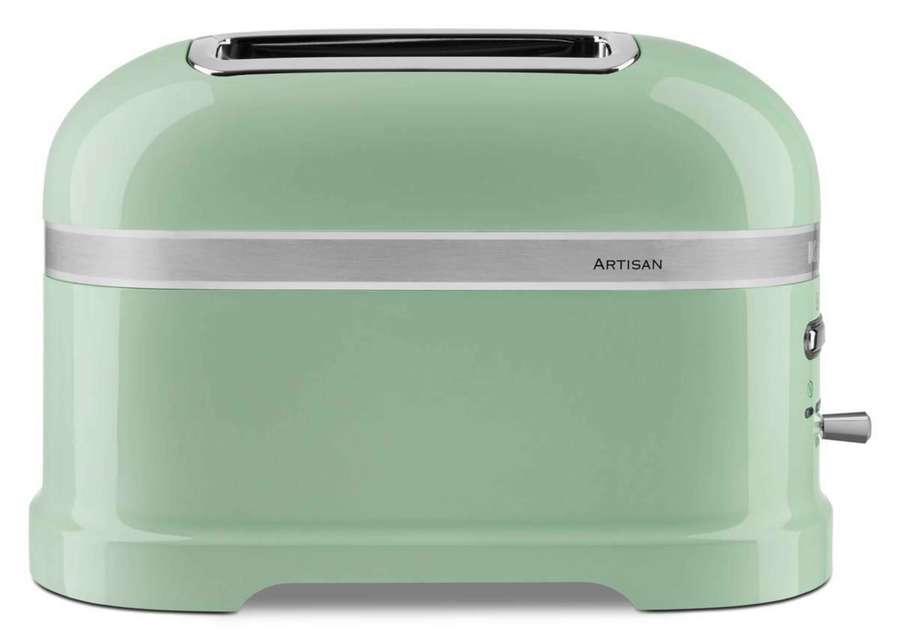A green toaster. It has a silver stripe and the word 'ARTISAN' on it.