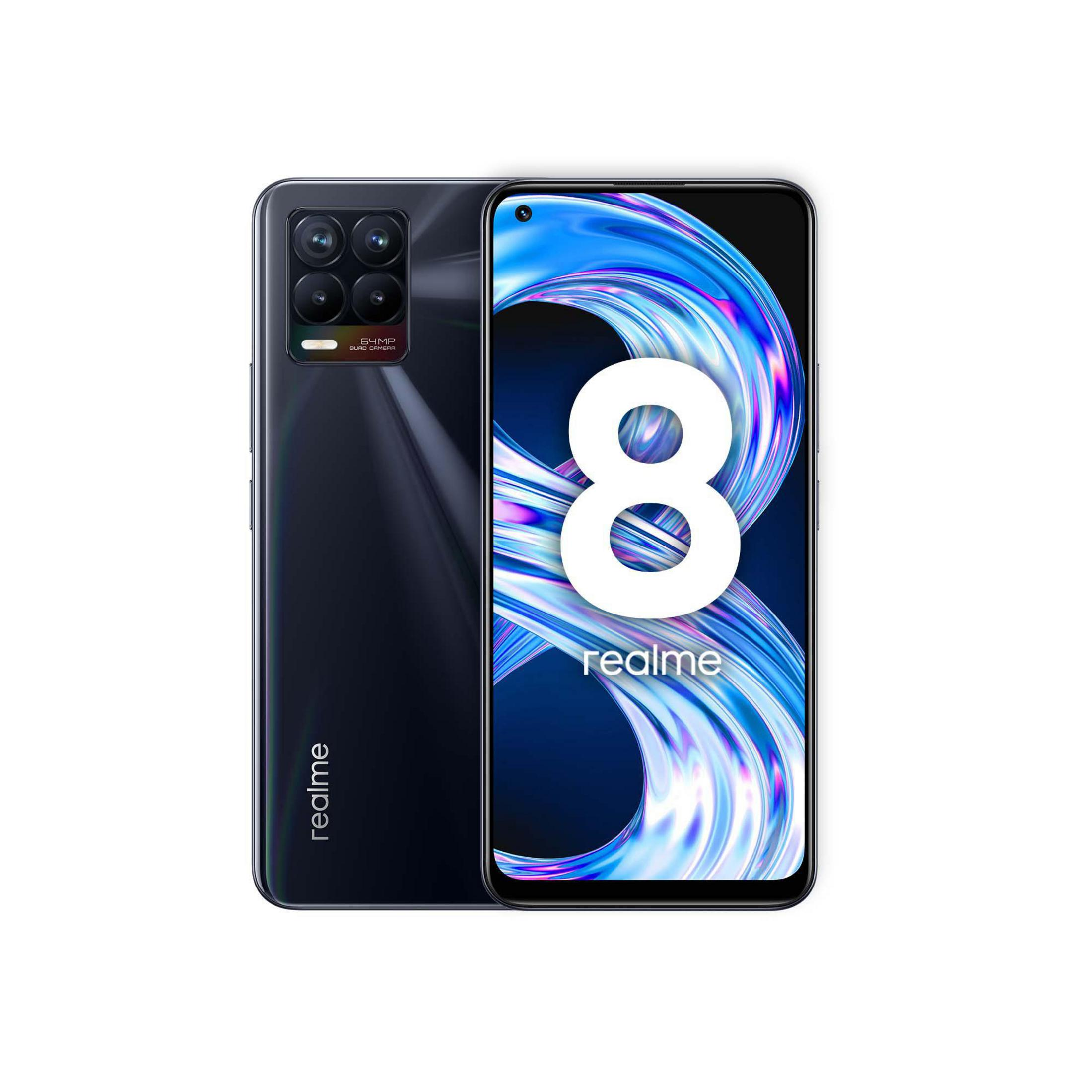 Realme 8 Smartphone. Schwarze Rückseite und Bildschirm mit '8' und 'realme' in Weiß. Weißer Hintergrund.