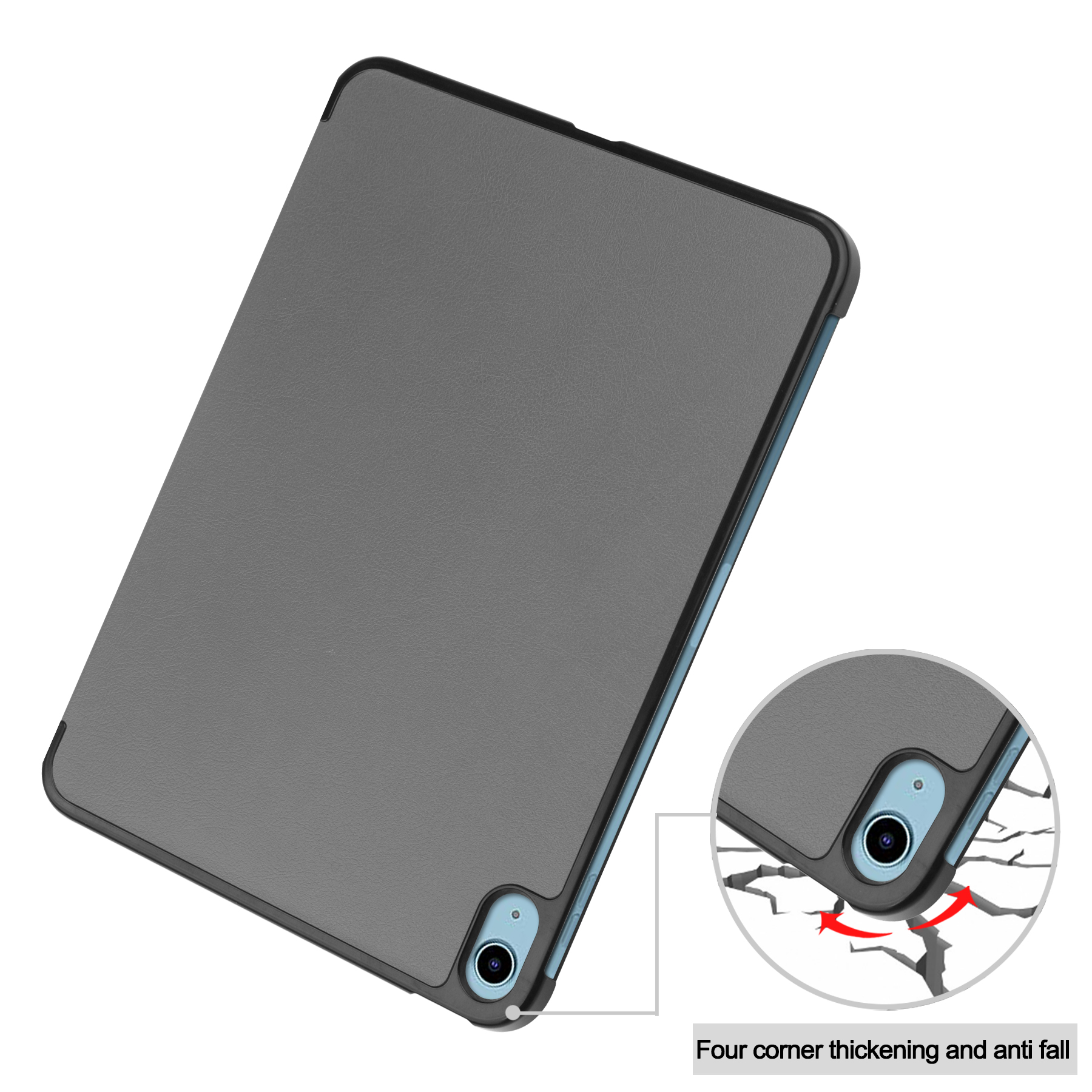 Ein graues Tablet in einer schwarzen Hülle, das die Verdickungs- und Anti-Fall-Eigenschaften der vier Ecken zeigt.