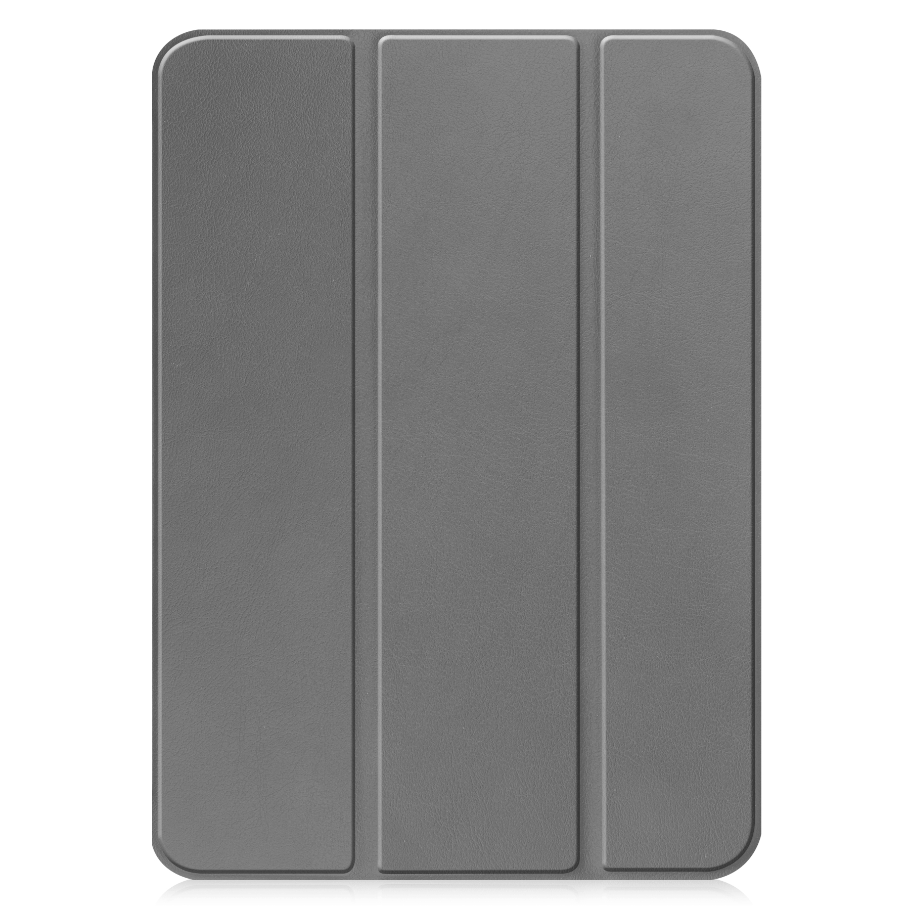Eine graue Tablet-Hülle, geschlossen, mit drei vertikalen Linien, auf weißem Hintergrund.