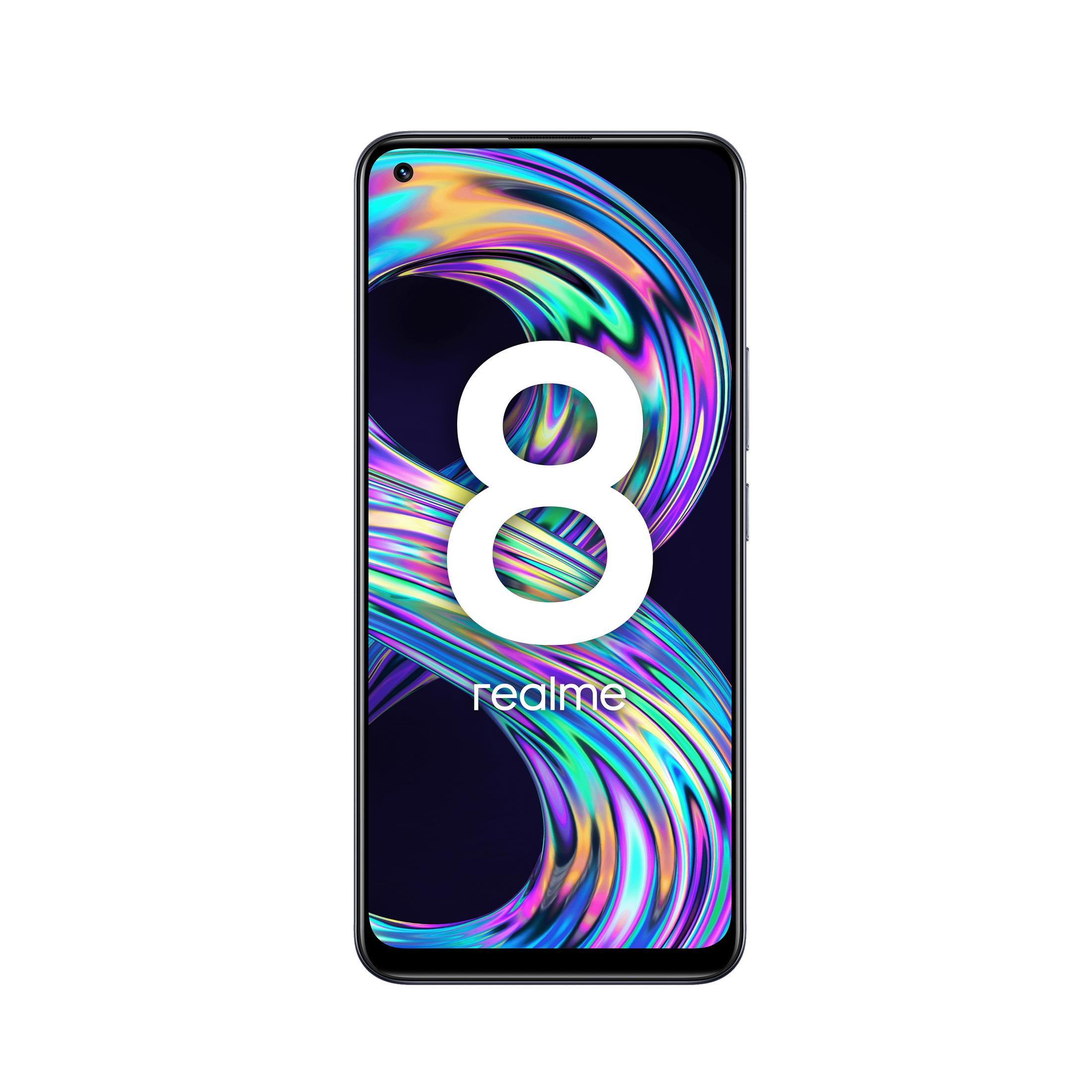 Realme 8 Telefon, schwarz. Bunter Hintergrund mit '8' und 'realme'.