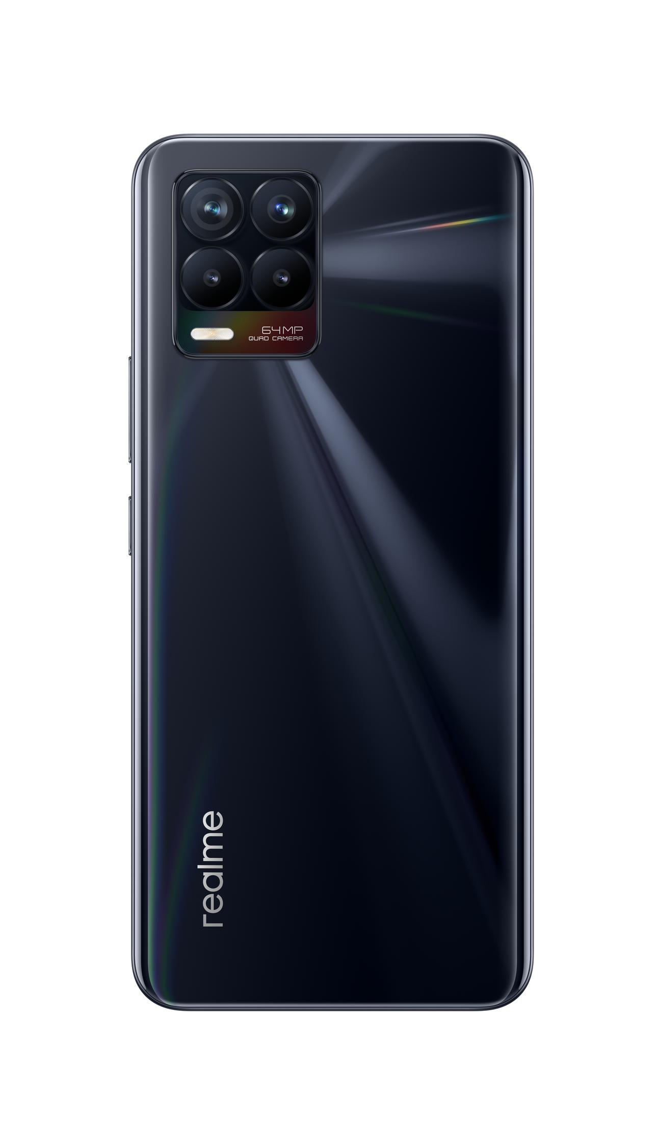 Schwarzes Telefon mit vier Kameras und dem Wort realme.