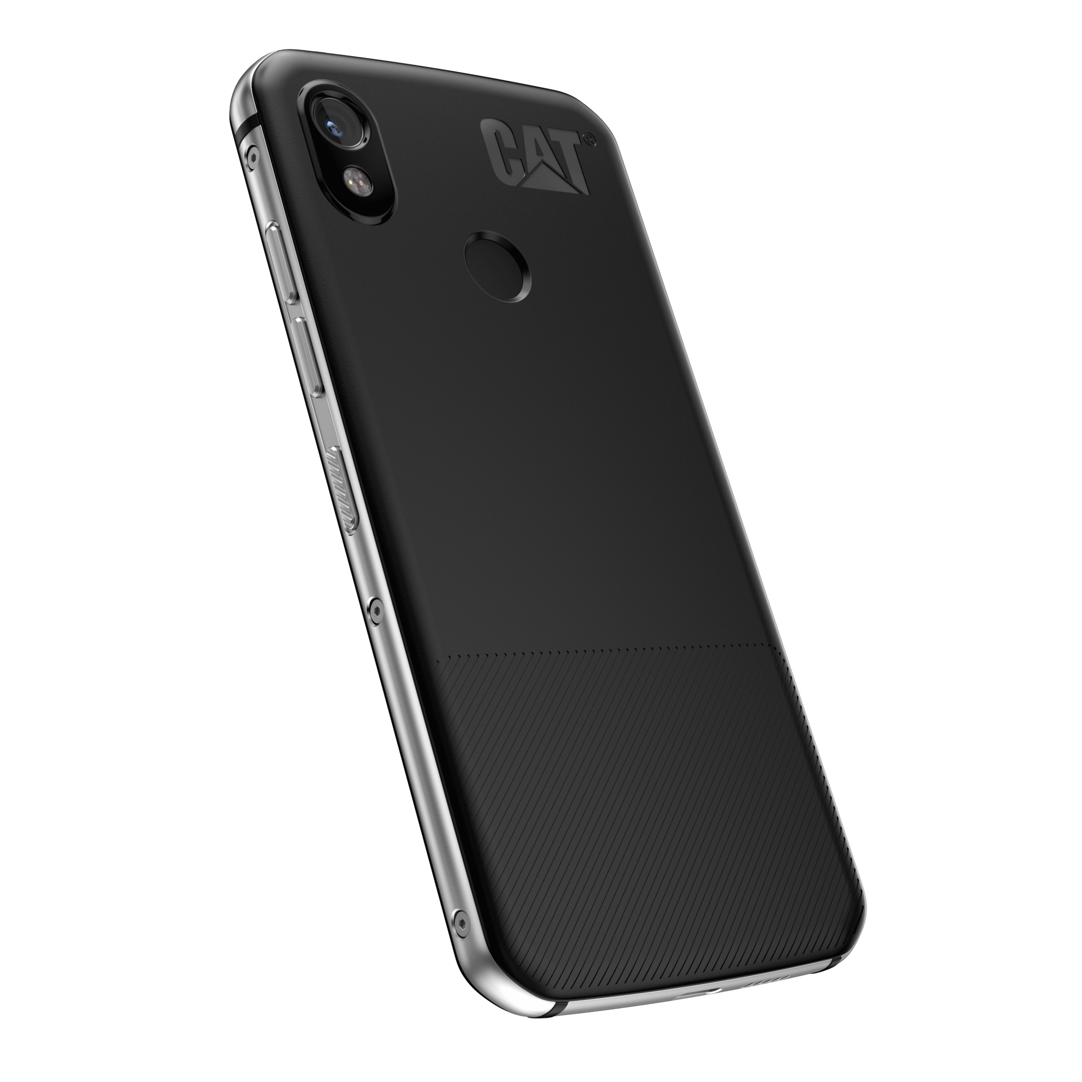 Czarny smartfon z logo CAT, z tylnym aparatem i wytrzymałą konstrukcją.