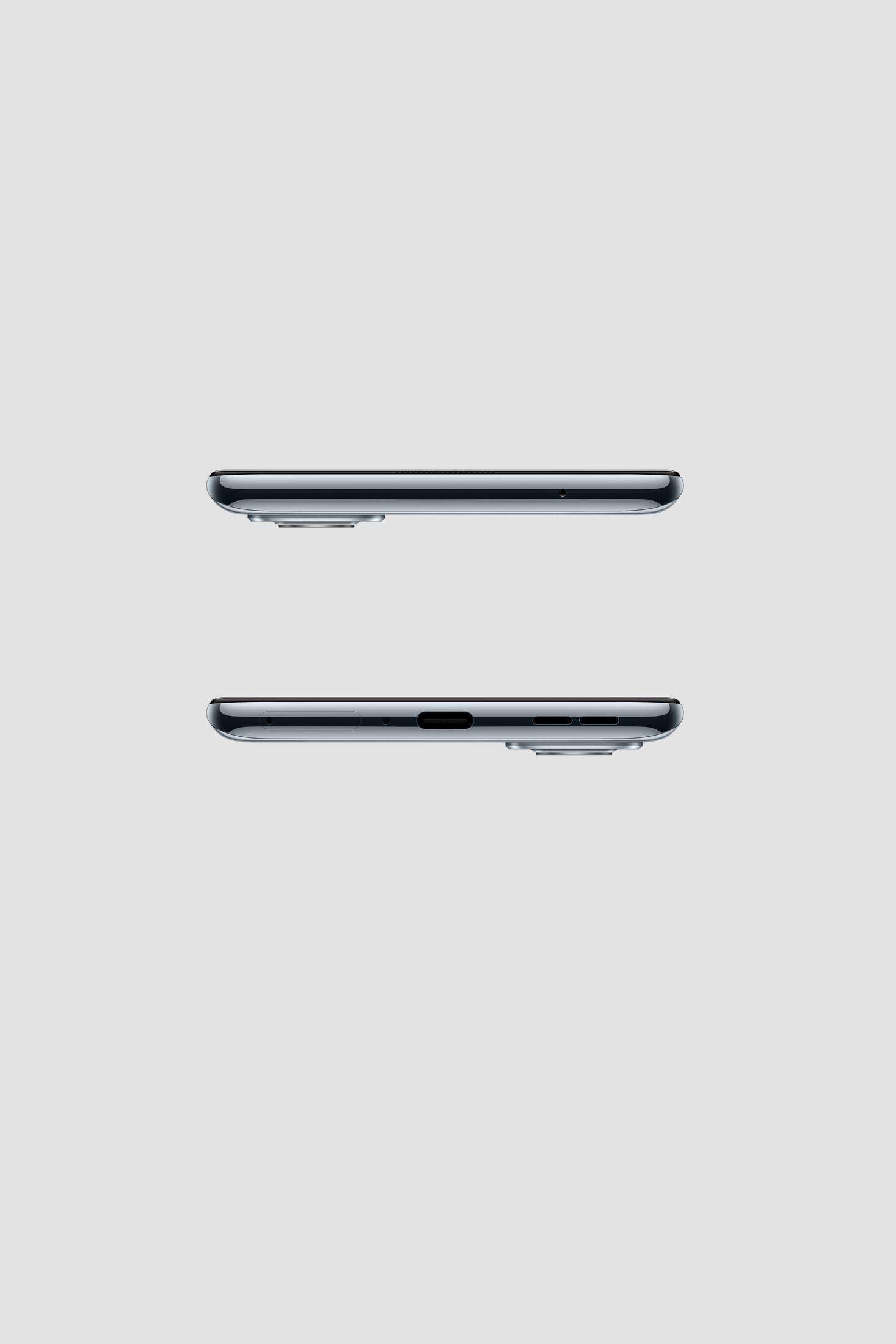 Vue latérale de deux téléphones. Téléphone supérieur noir, inférieur noir. Les deux sur surface gris clair.