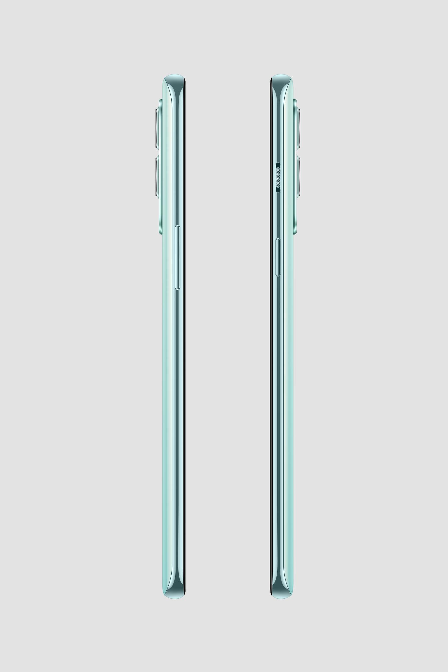 Dwa telefony obok siebie, pokazujące boki. Mają ten sam miętowo-zielony kolor.