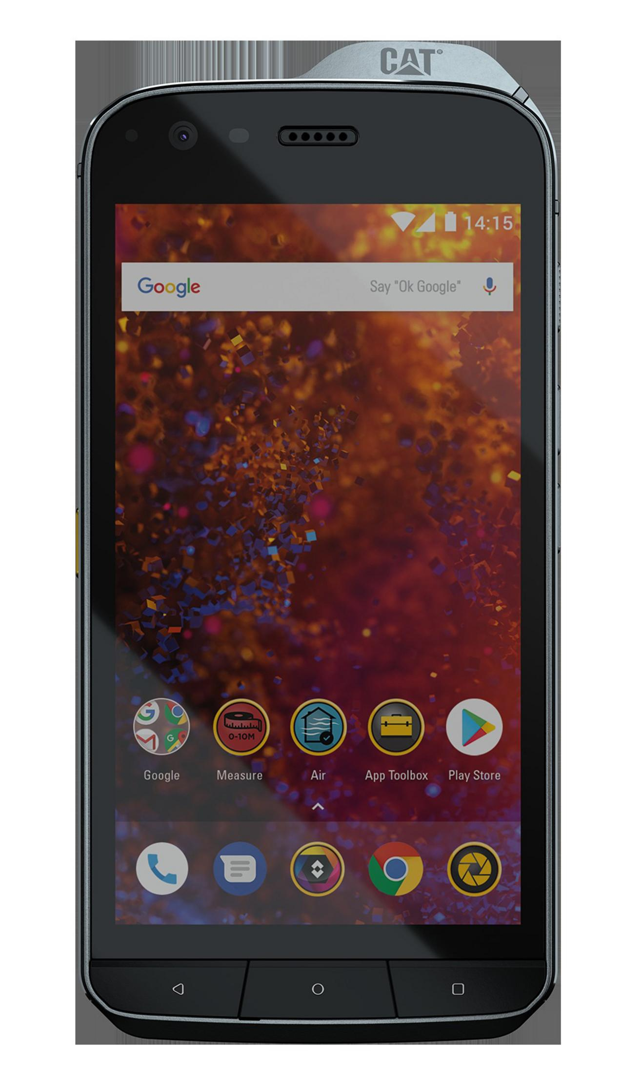 Czarny telefon z ikonami aplikacji na ekranie na białym tle. U góry znajduje się logo Cat.