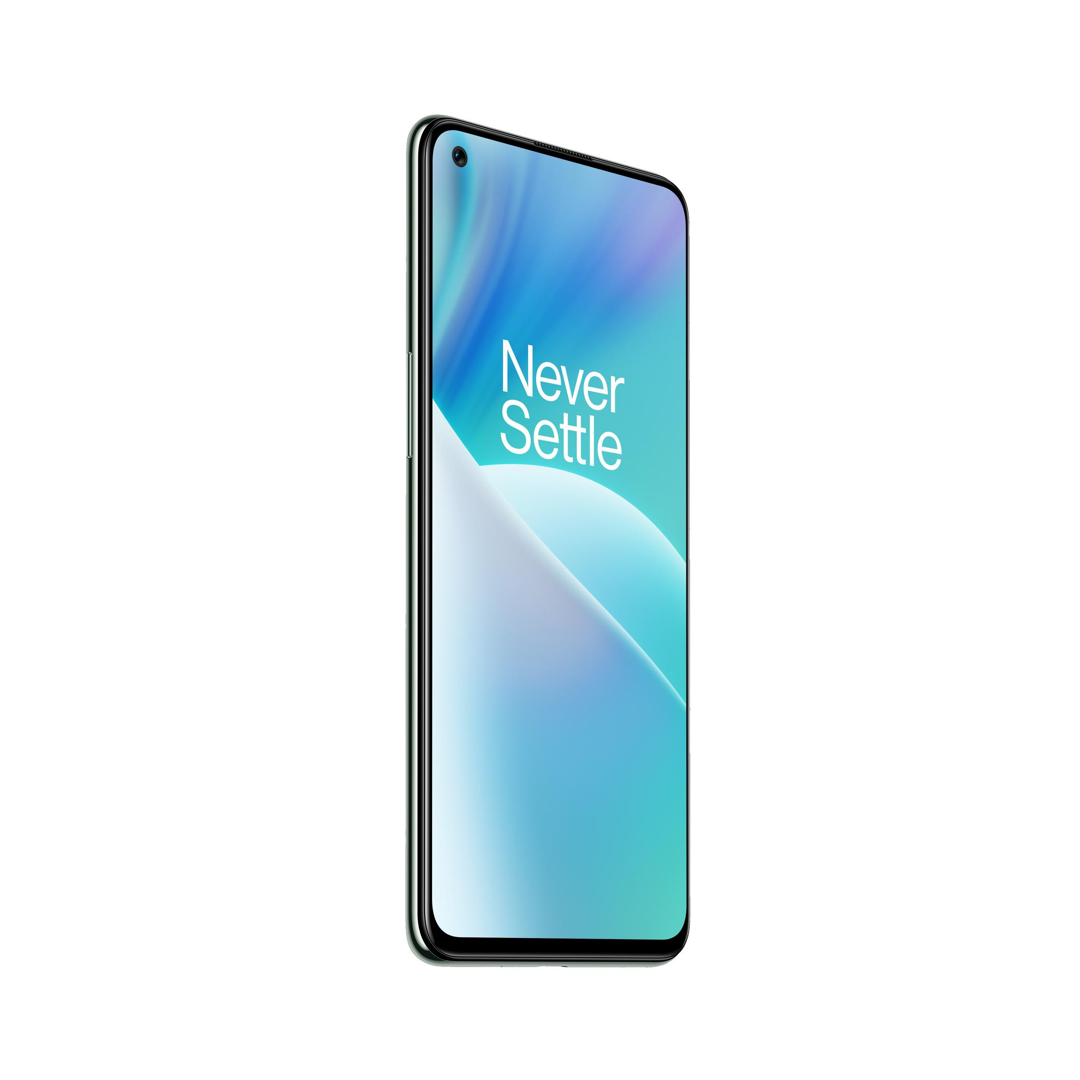 Smartphone met 'Never Settle' op het scherm. Slanke telefoon met zwarte randen.