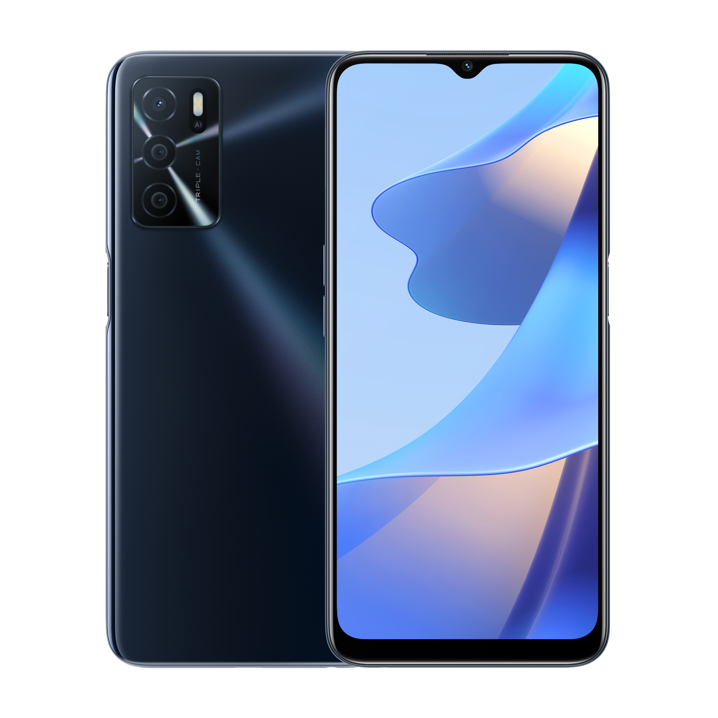 Smartfon z potrójnym aparatem z tyłu i ekranem z abstrakcyjnym niebieskim wzorem.