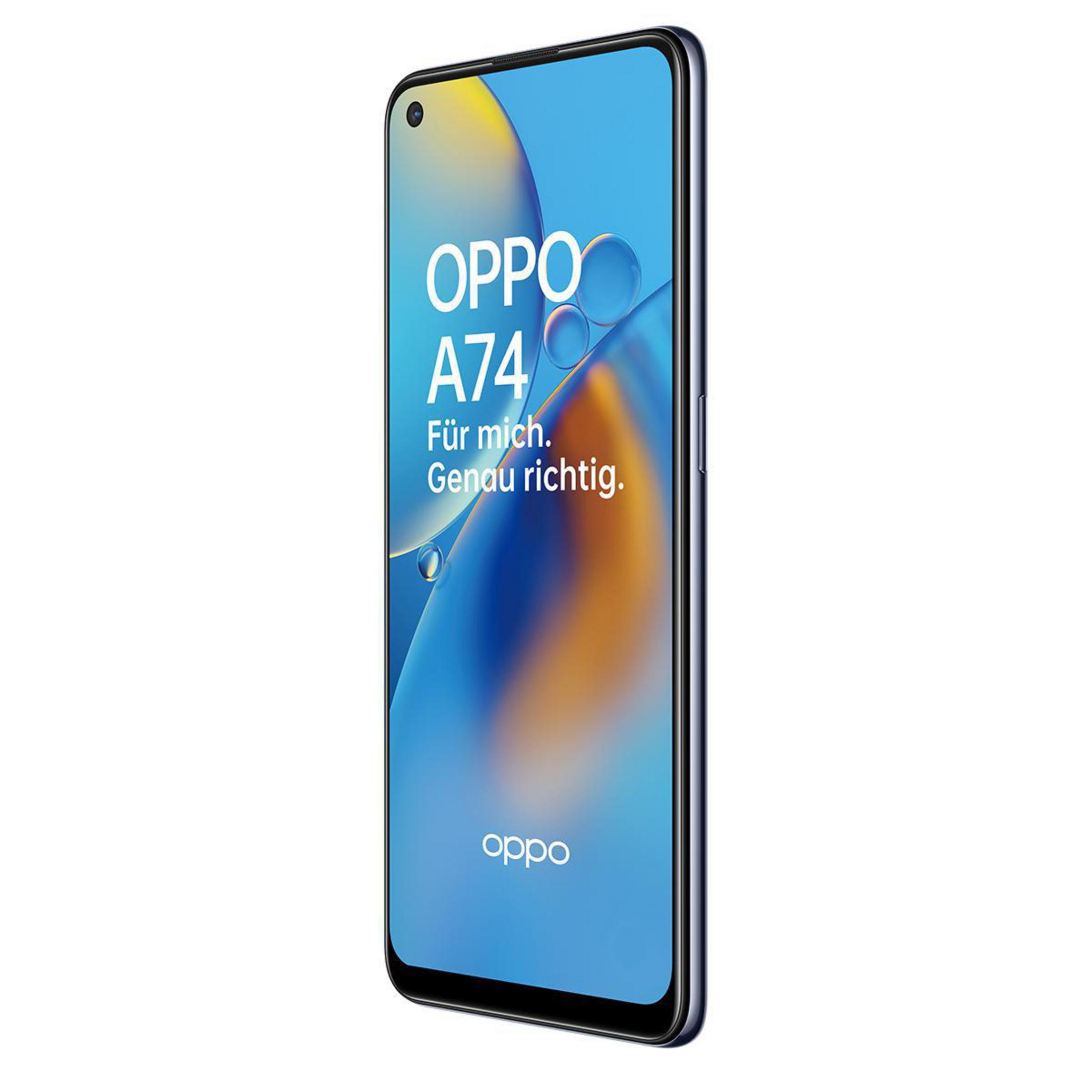 Oppo A74 Smartphone, blauer Bildschirm mit deutschem Text. Seitenansicht.
