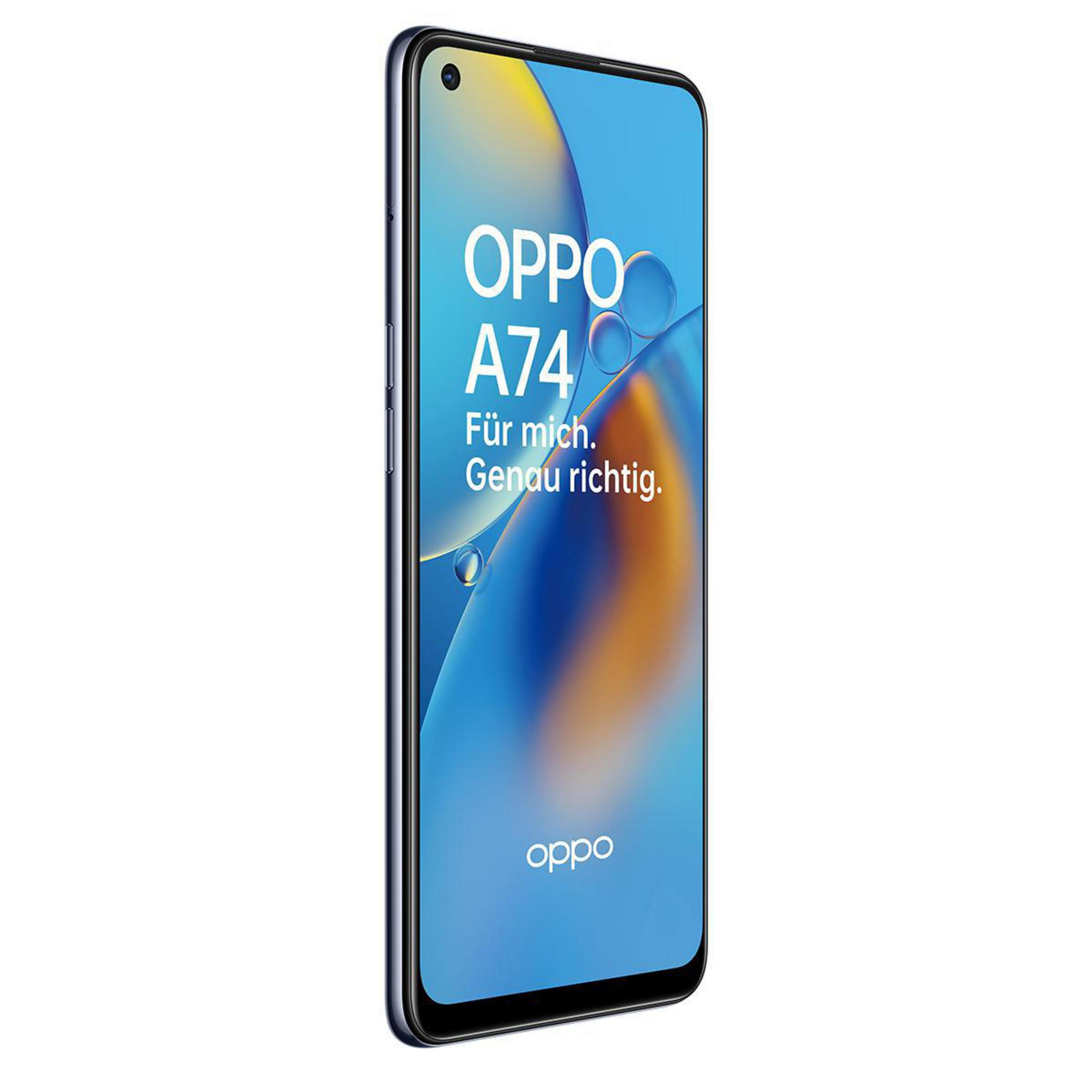 Oppo A74 Telefon mit Text auf dem Bildschirm, auf weißem Hintergrund.