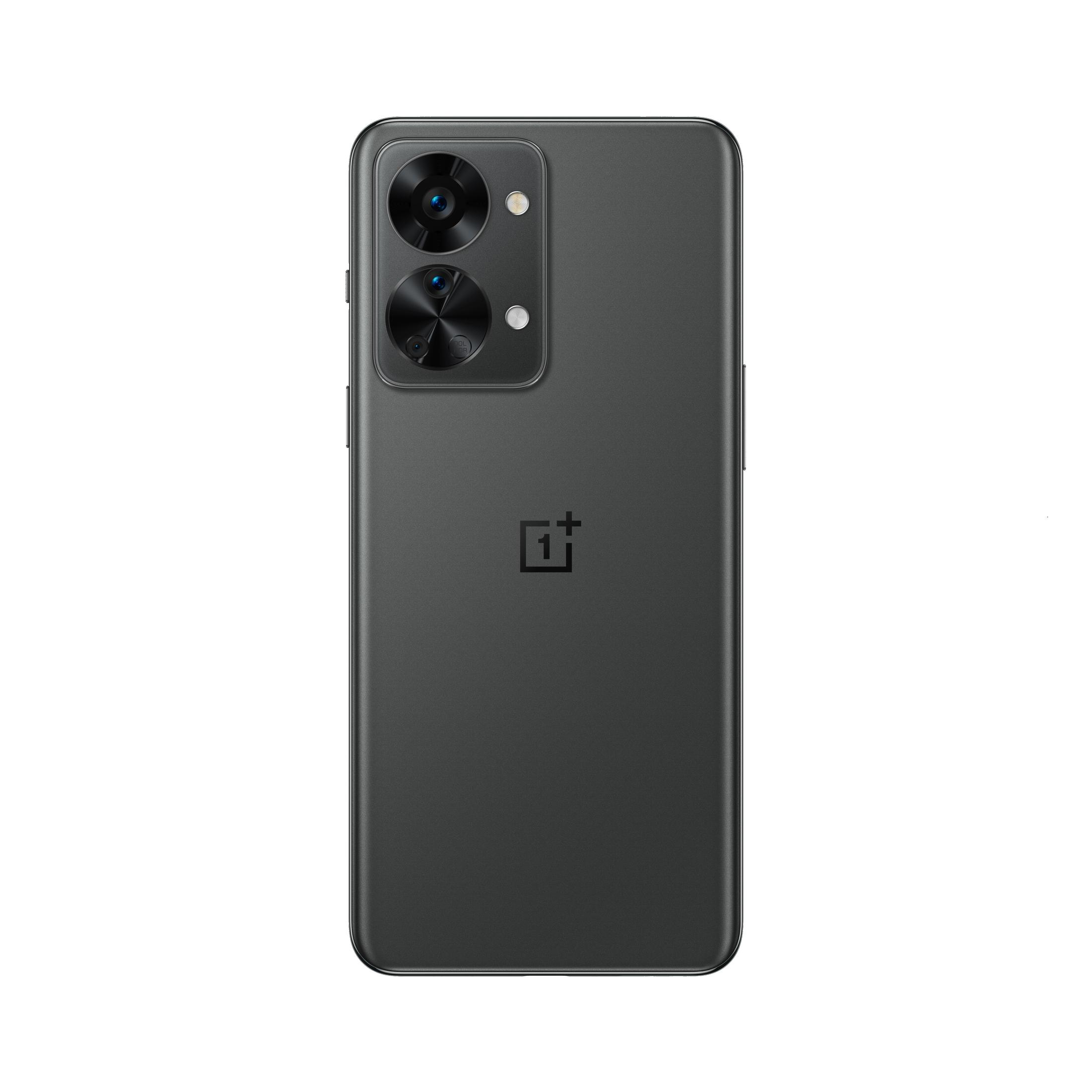 The back of a dark grey smartphone with dual cameras and a logo.