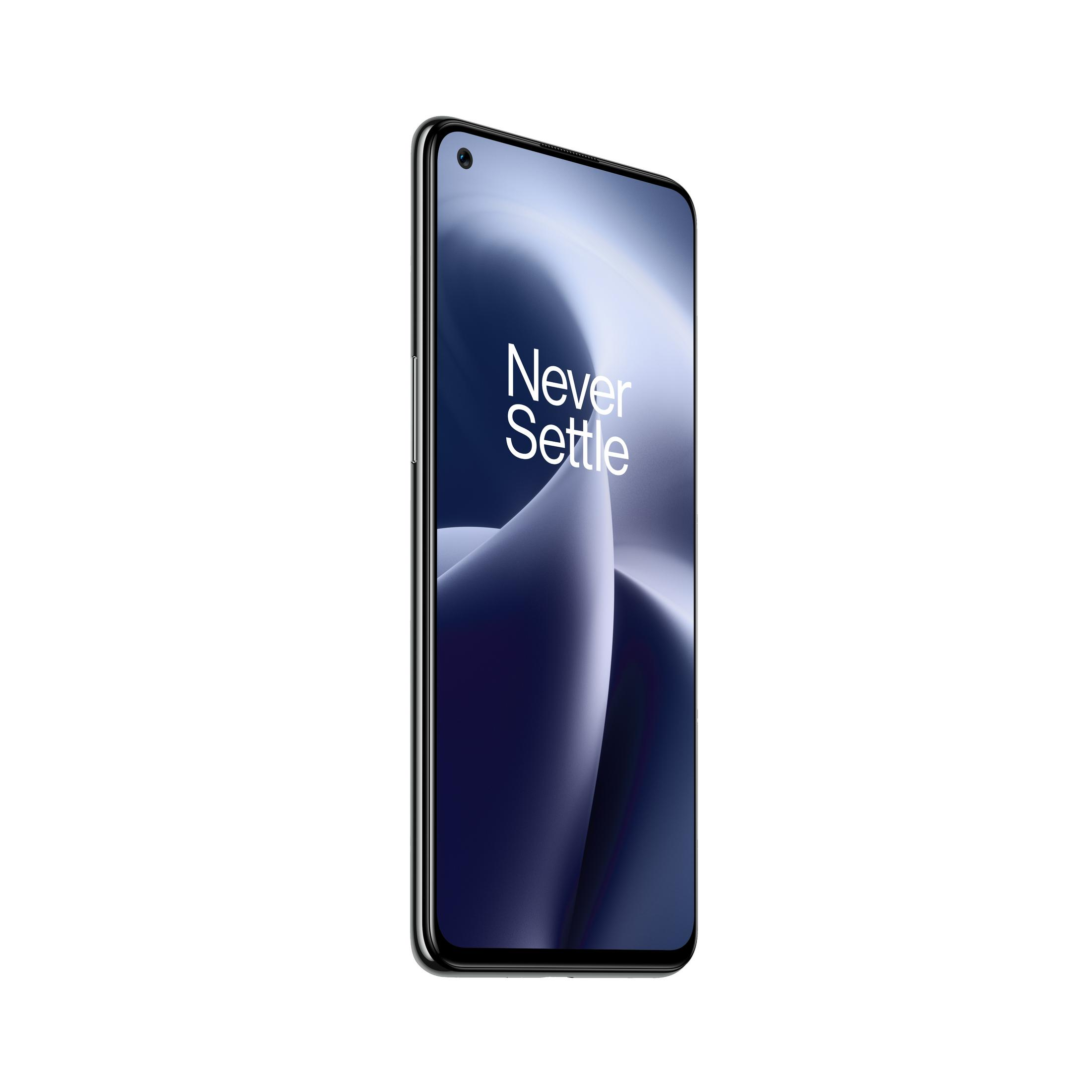 Black phone with screen showing a dark background. The words 'Never Settle' are visible.