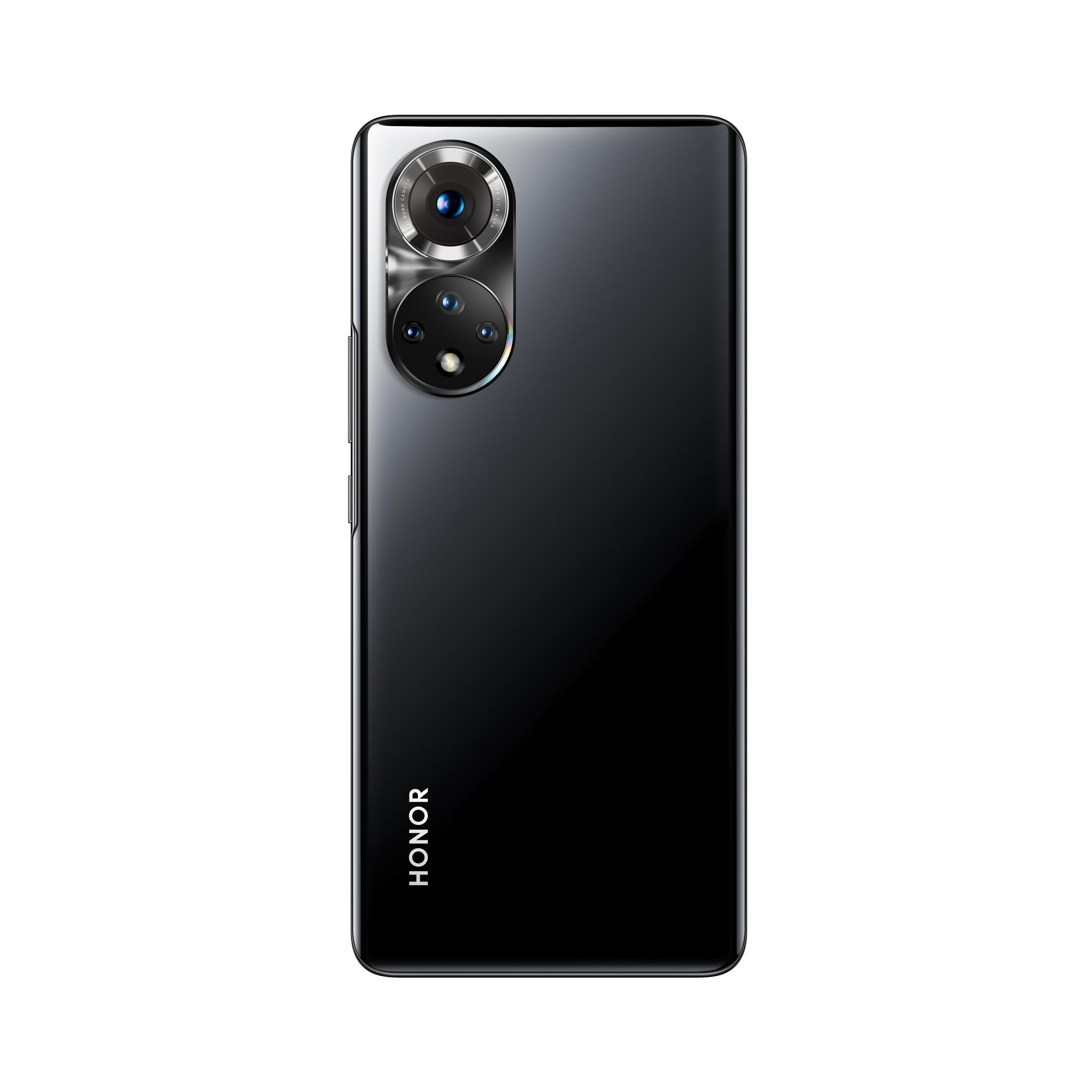 Schwarzes Telefon mit Kameramodul. Honor-Logo unten. Schlankes Design.
