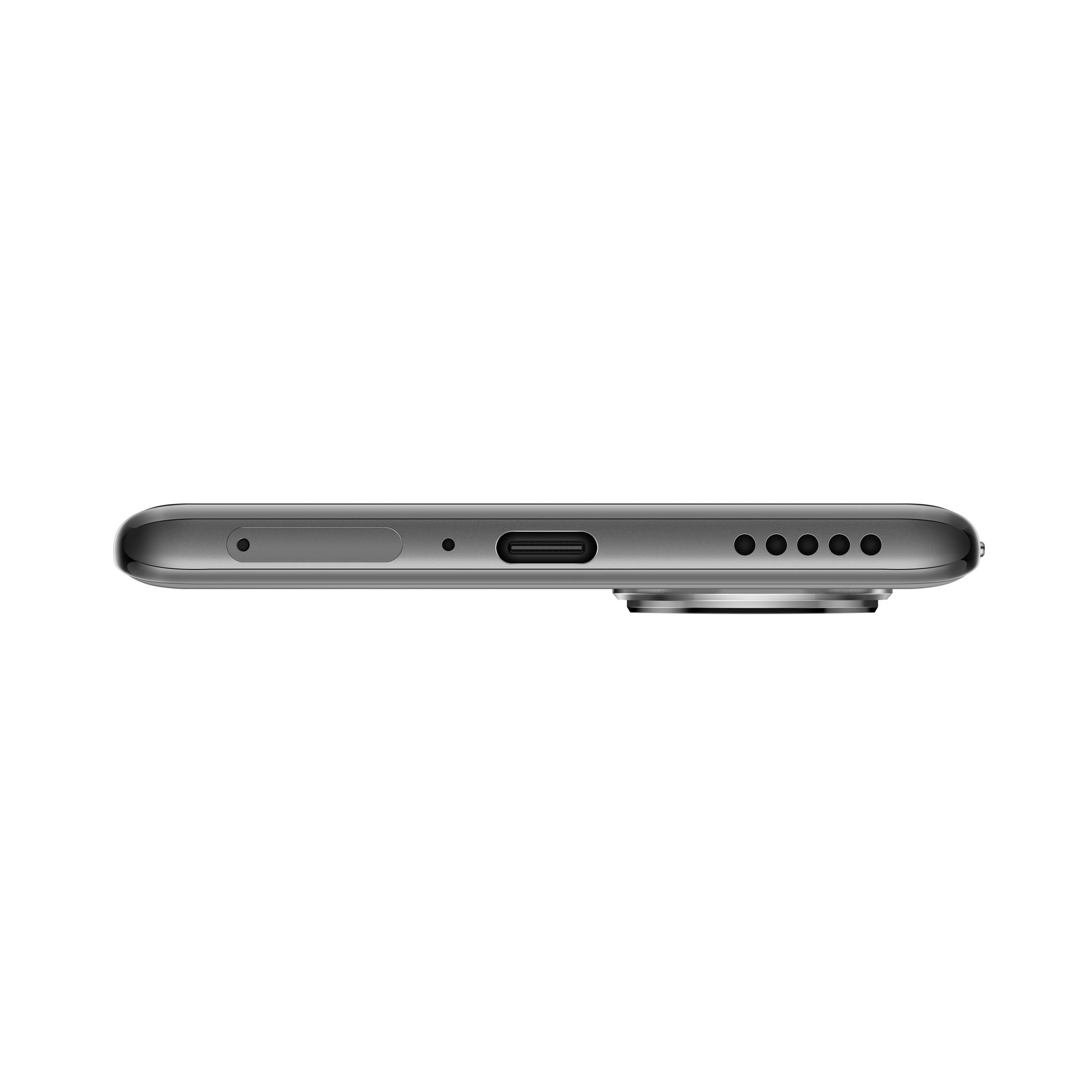 Unteransicht eines grauen Smartphones mit Anschlüssen.