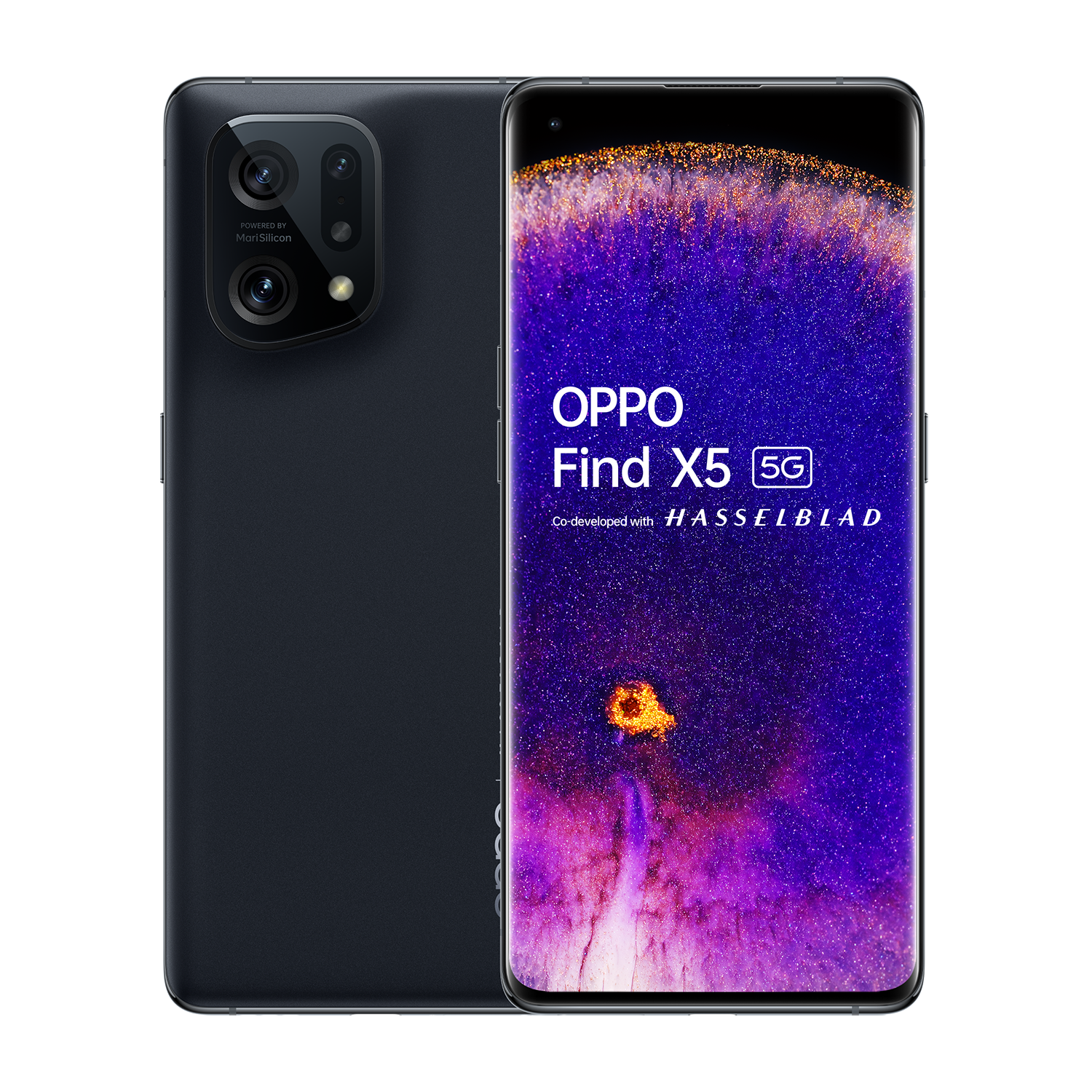 Zwarte Oppo Find X5 5G-telefoon, met achter- en vooraanzicht.