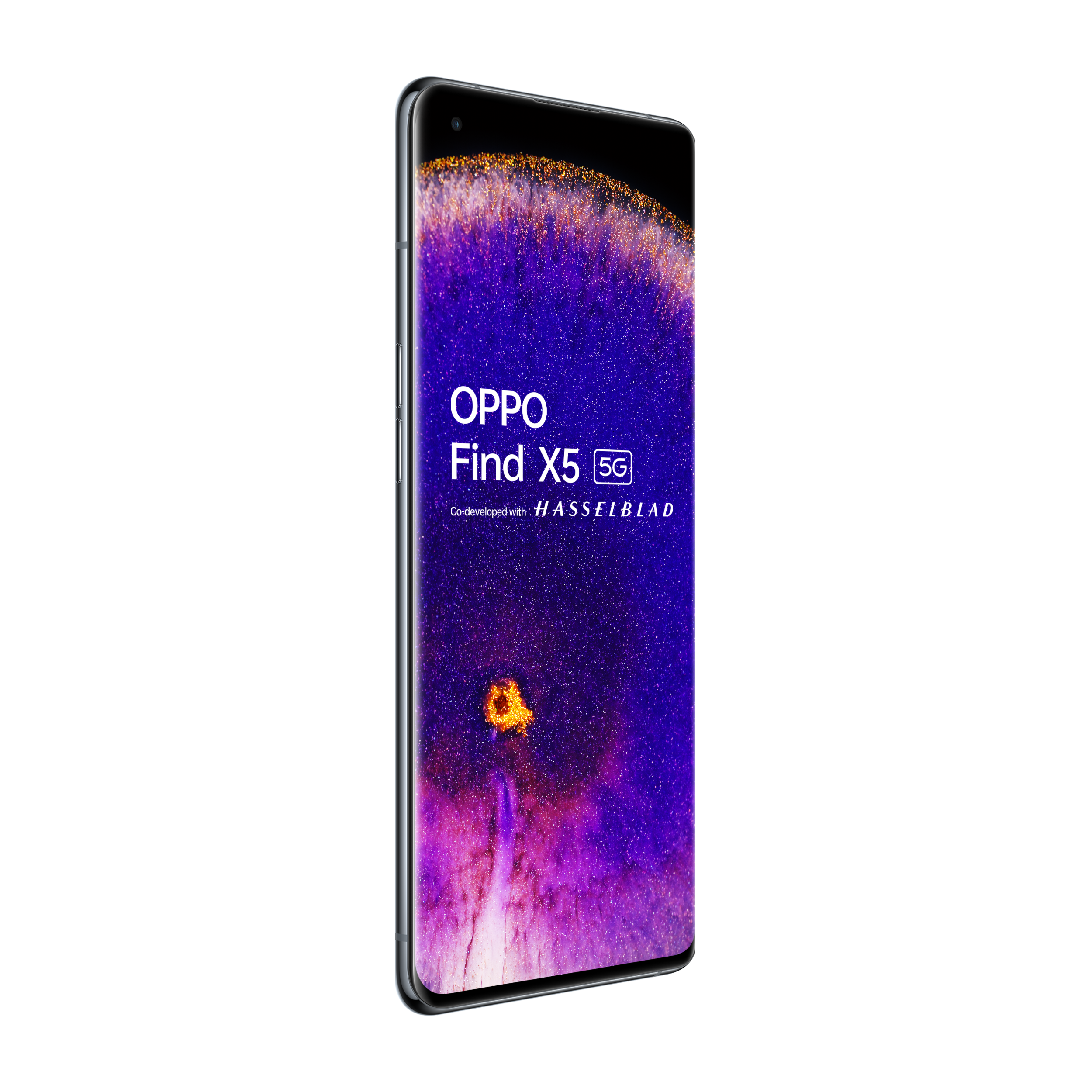 Een zwarte OPPO Find X5 5G-telefoon met een levendig display. De achtergrond is zwart.
