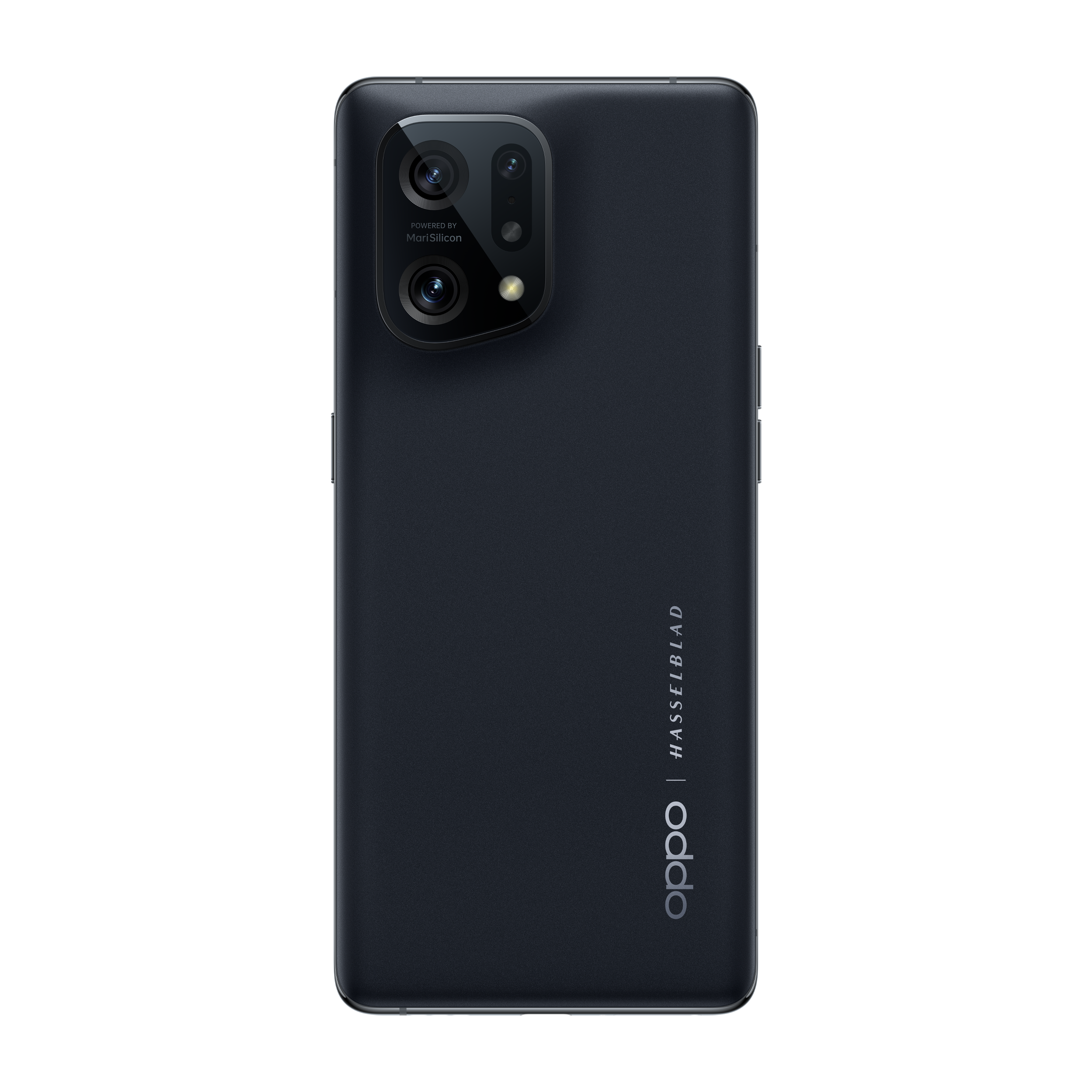 Zwarte smartphone achteraanzicht met dubbele camera's, Oppo-logo, Hasselblad-tekst, zwarte achtergrond.