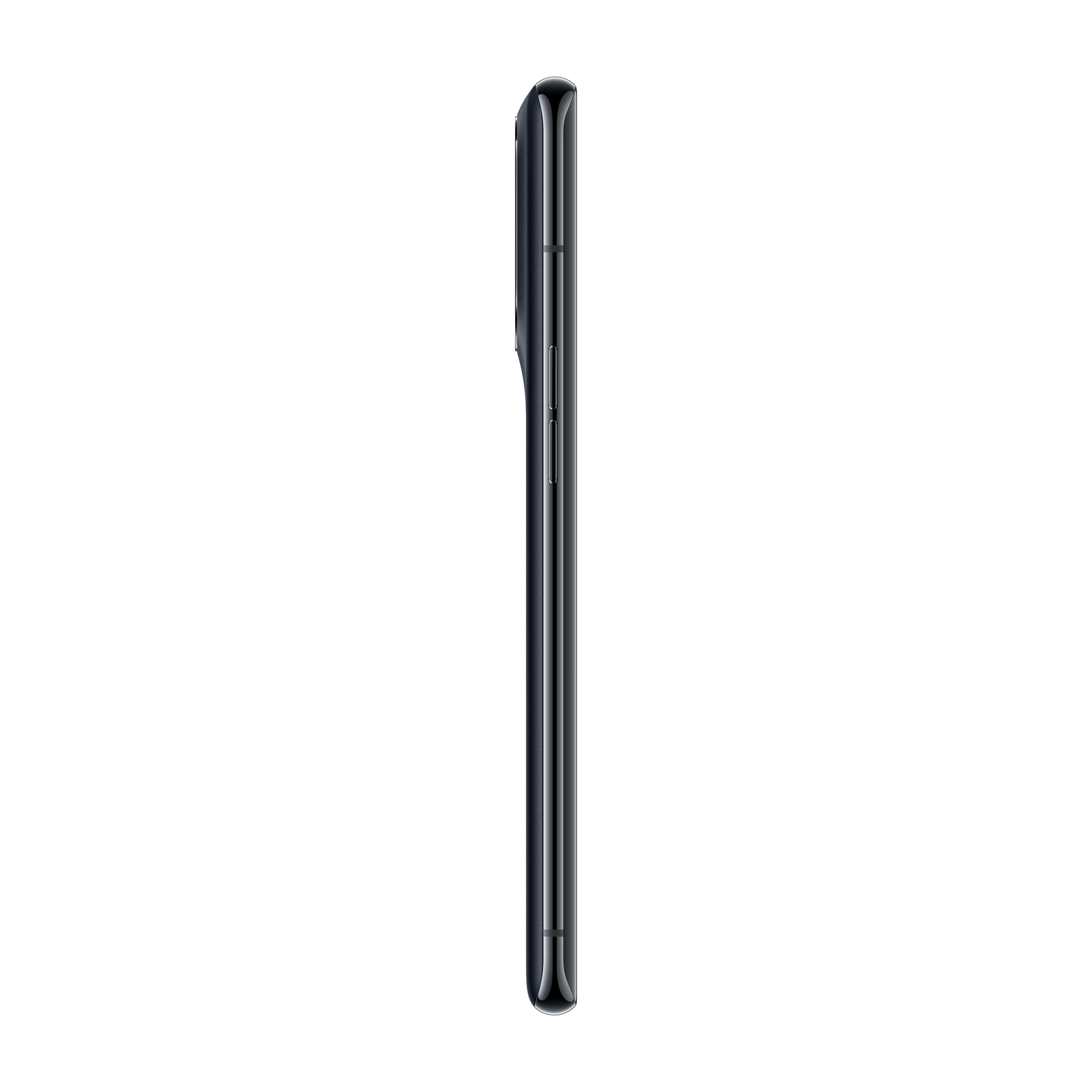 Zijaanzicht van een slanke zwarte smartphone met knoppen aan de zijkant, tegen een zwarte achtergrond.