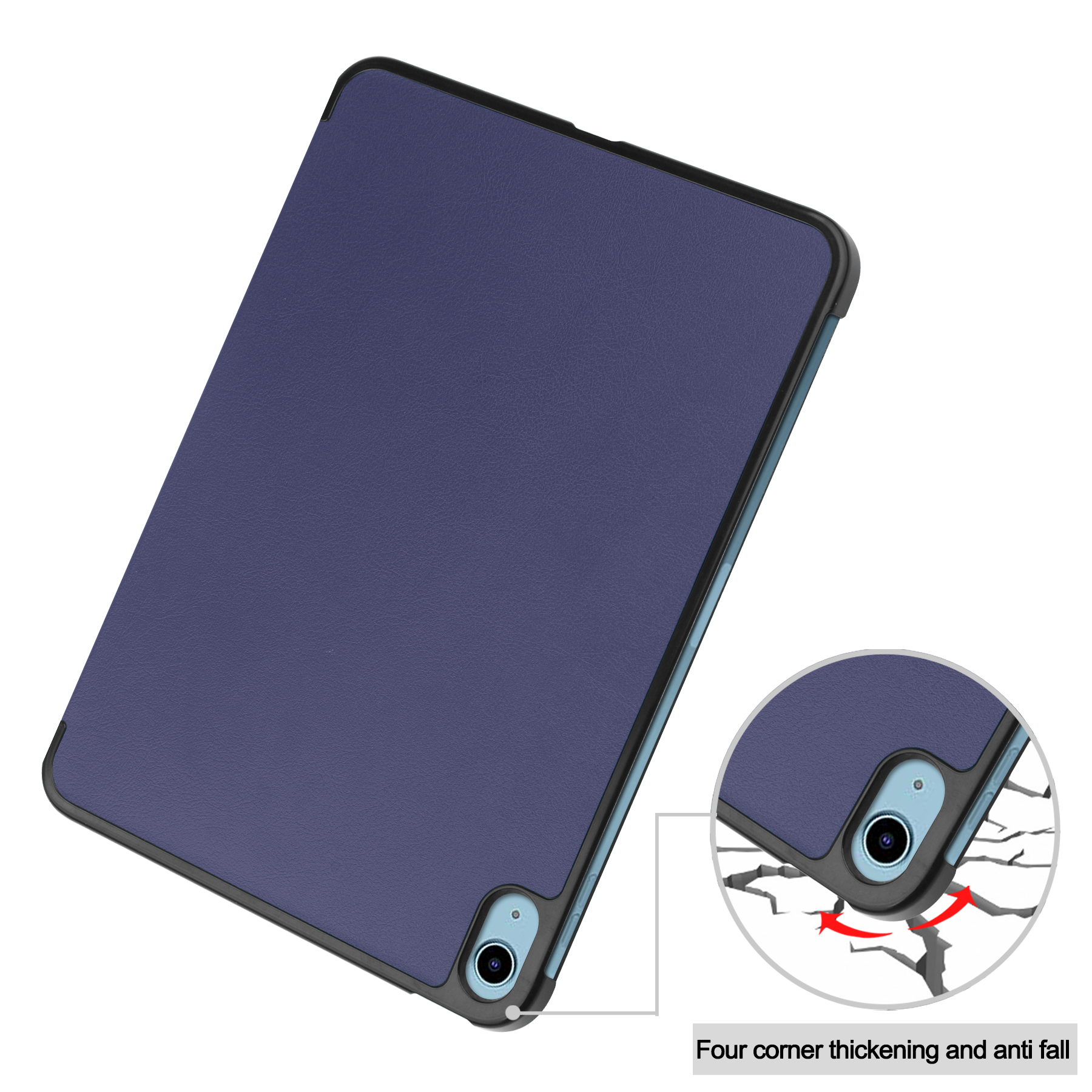Tablet-Hülle mit blauem Cover, schwarzem Rahmen. Eckdetail zeigt Aufprallschutz.