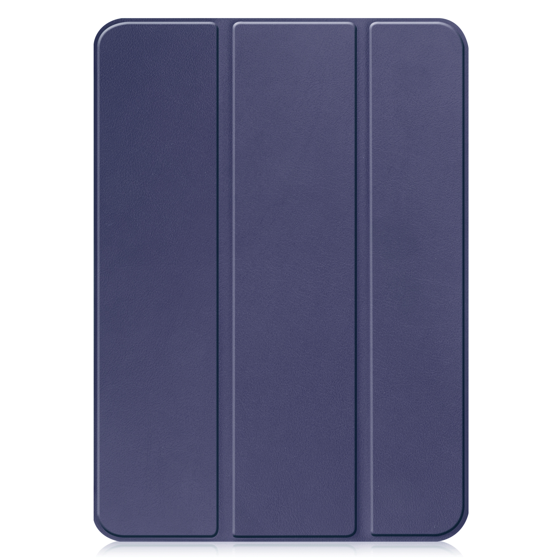 Eine geschlossene, marineblaue Tablethülle mit drei vertikalen Paneelen.