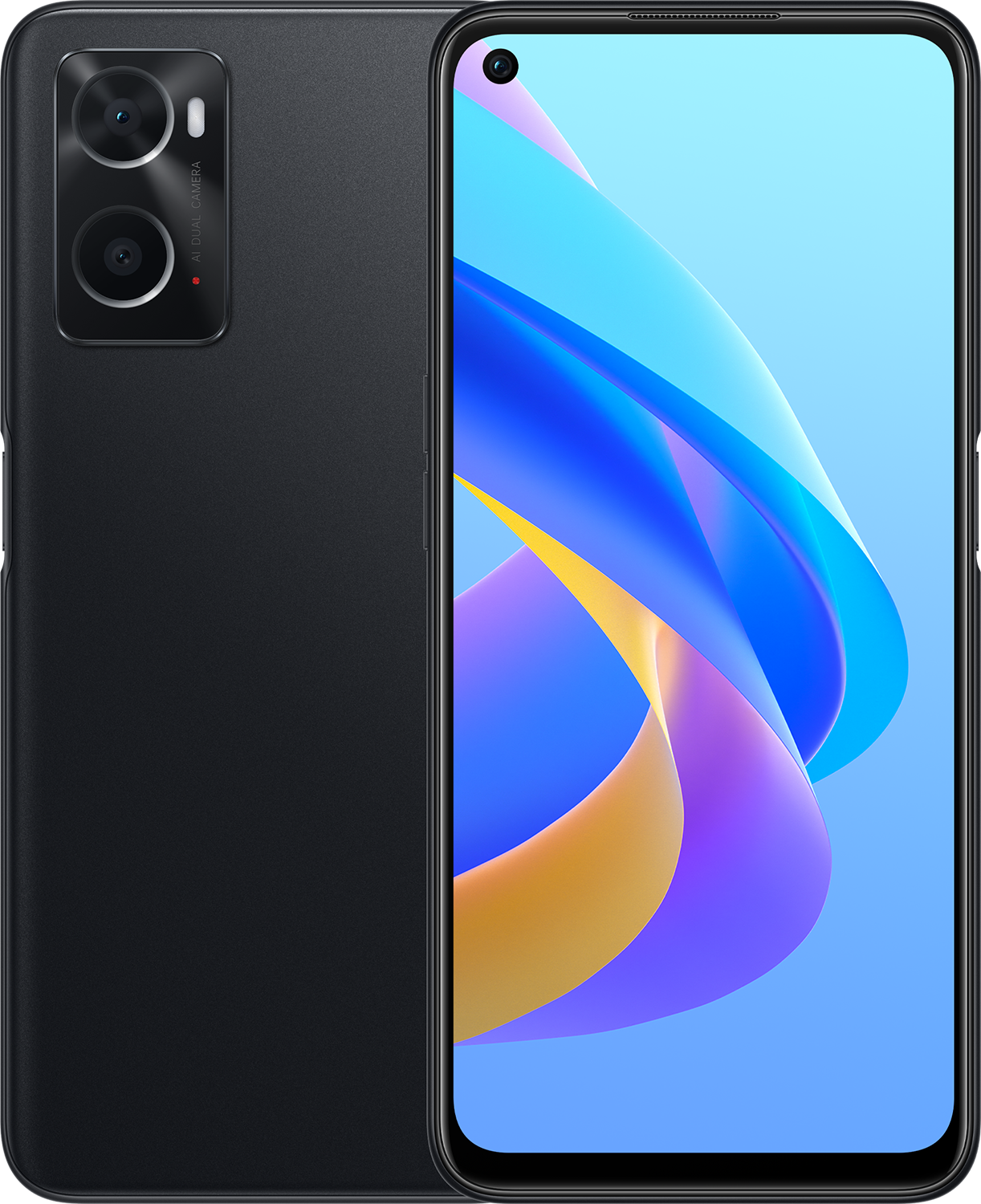 Téléphone noir, vue avant et arrière, avec écran bleu vif.
