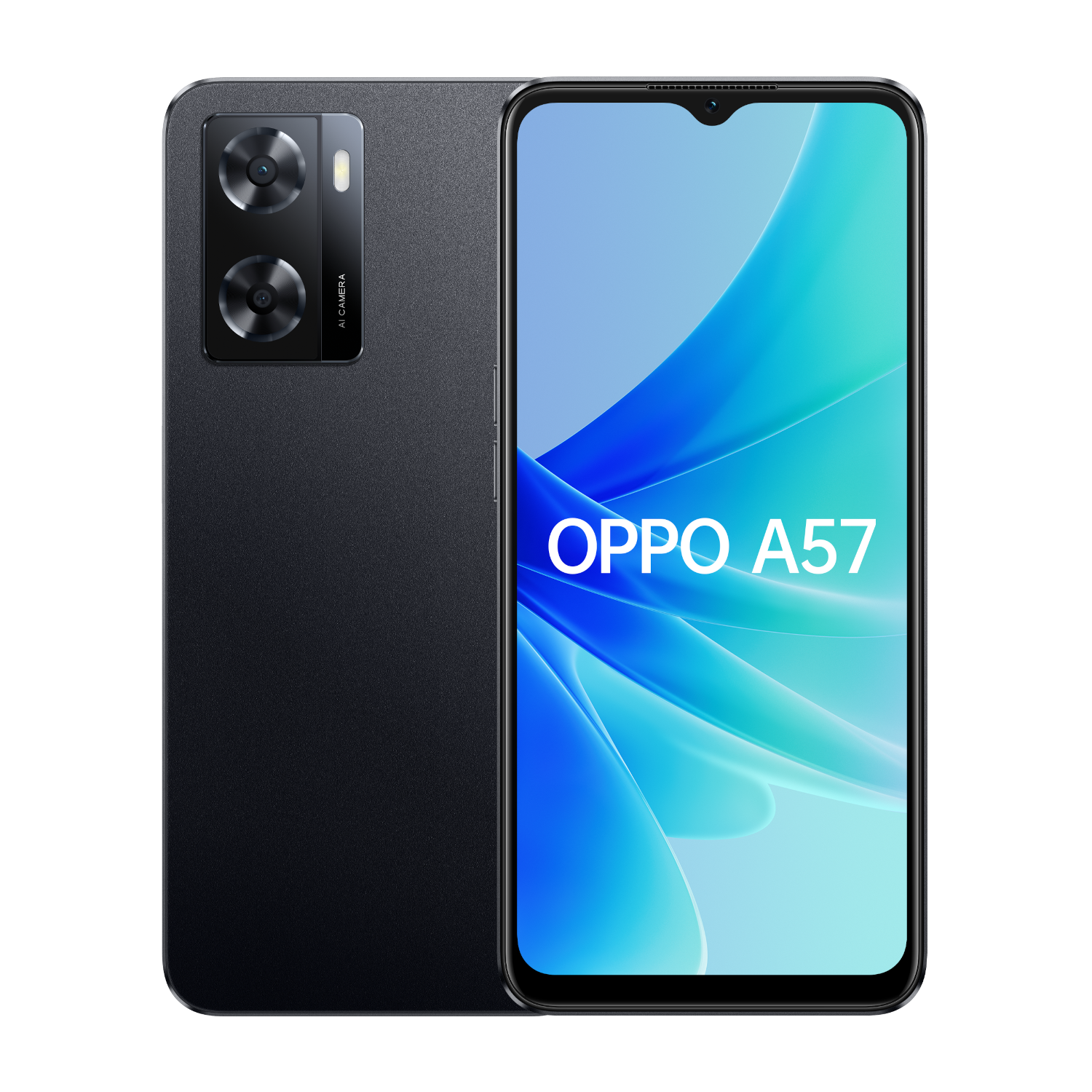 Czarny telefon Oppo A57 z włączonym ekranem, pokazujący przód i tył urządzenia.