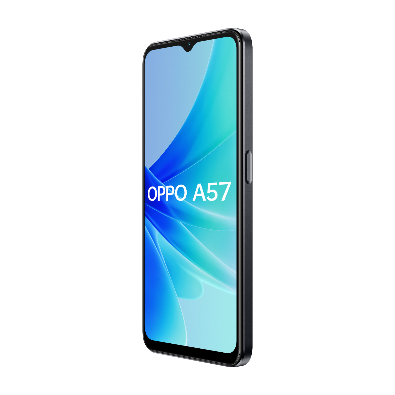 Smartfon Oppo A57, widok pod kątem, czarna ramka, niebieski ekran z tekstem, czarne tło.