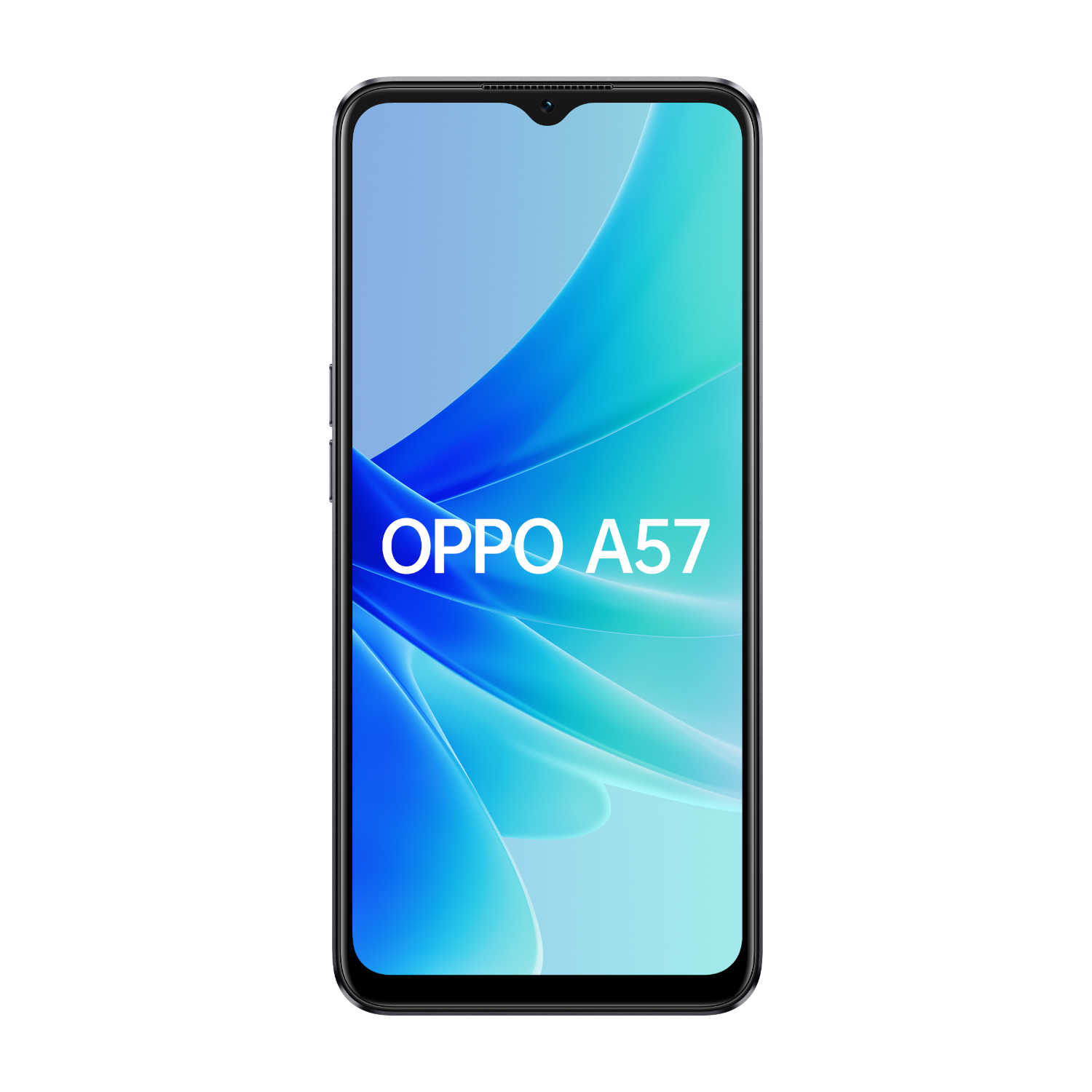 Smartfon Oppo A57 wyświetlający niebiesko-białe abstrakcyjne tło.