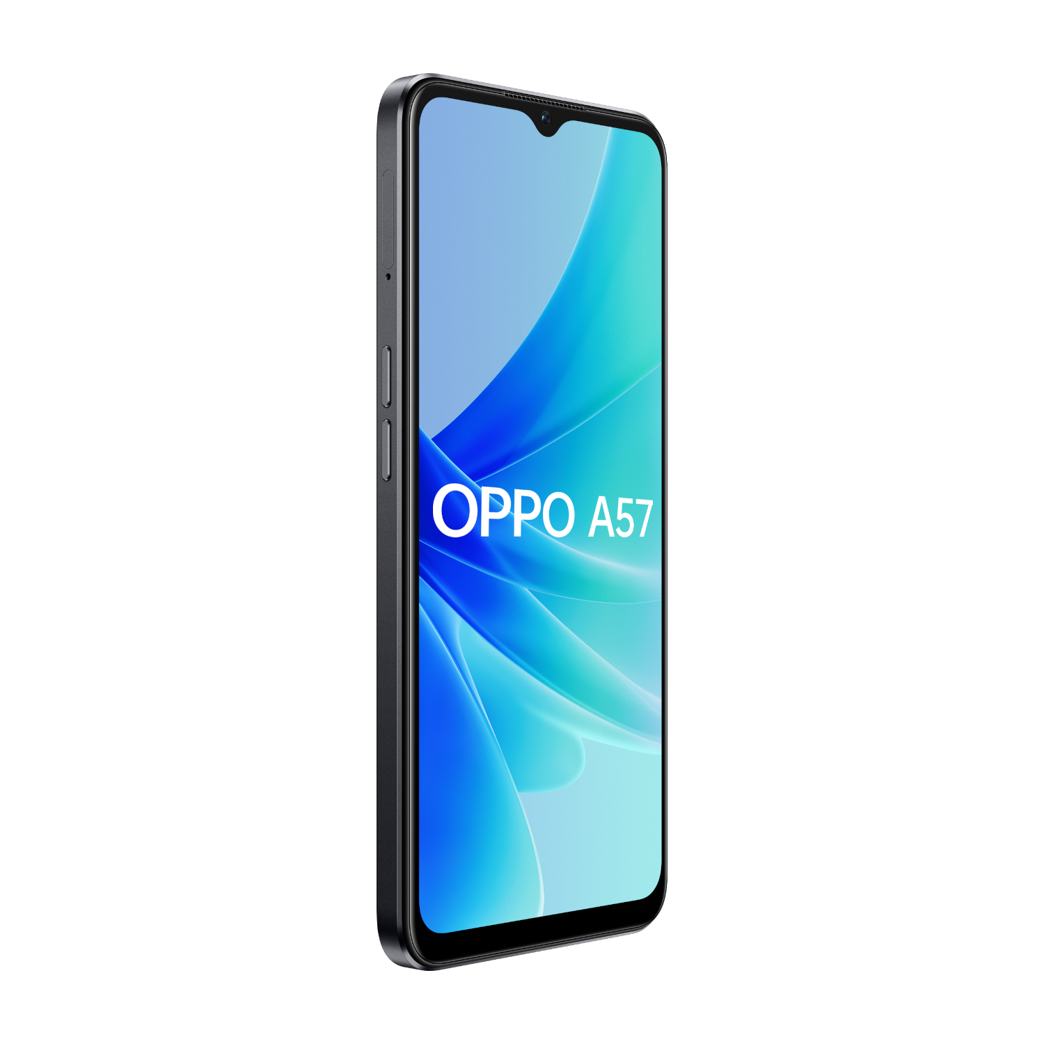 Czarny smartfon z niebieskim ekranem z tekstem OPPO A57 na czarnym tle.