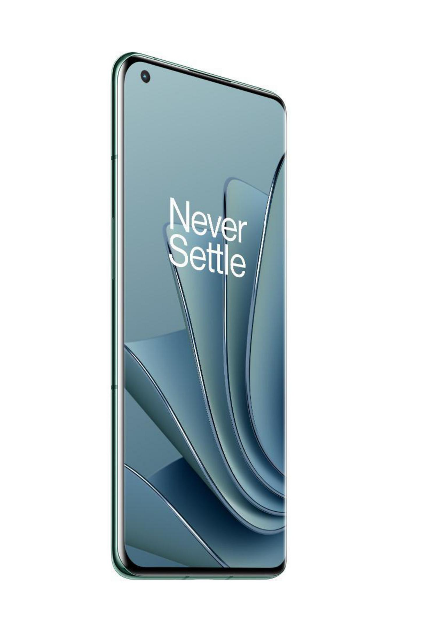 OnePlus-Telefon von der Seite. Grüner Rahmen, schwarzes Display und die Worte 'Never Settle'.