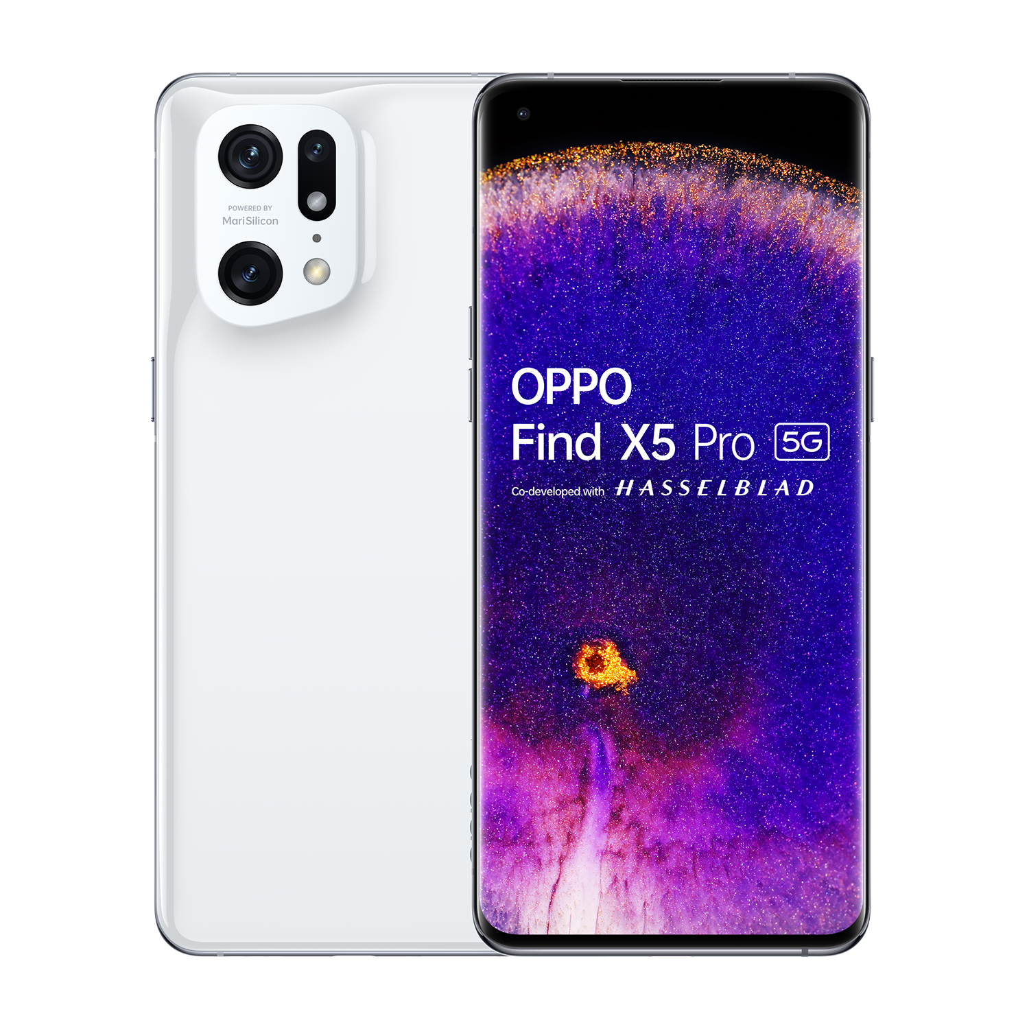 Weißes OPPO Find X5 Pro 5G Telefon. Schwarzer Bildschirm mit lila Hintergrund.