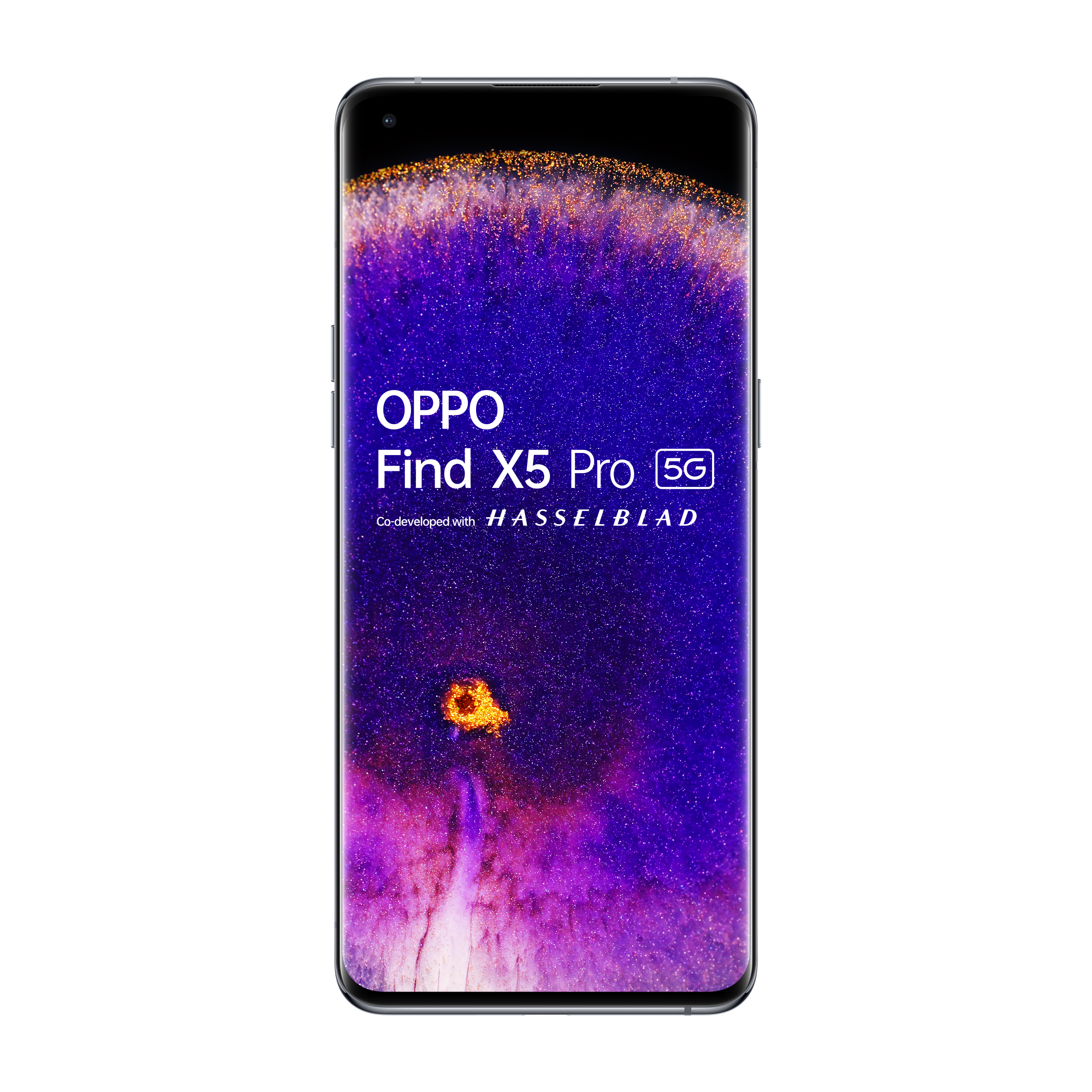 OPPO Find X5 Pro 5G Smartphone mit lila Bildschirm, schwarzem Rahmen und Hasselblad-Logo.