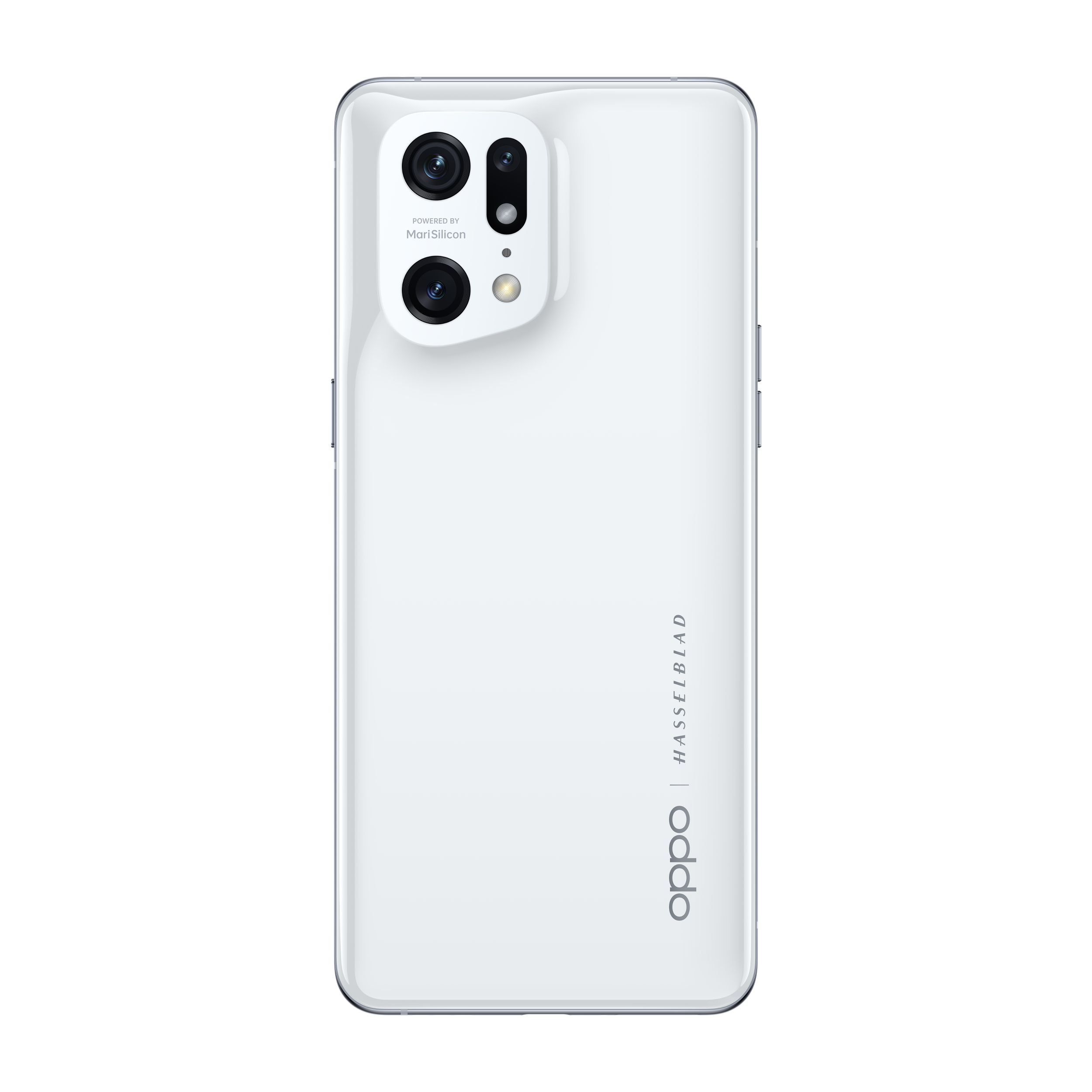 Weiße Telefonrückseite mit Kameras. Oppo- und Hasselblad-Logos. Schwarzer Hintergrund. Telefon mittig.