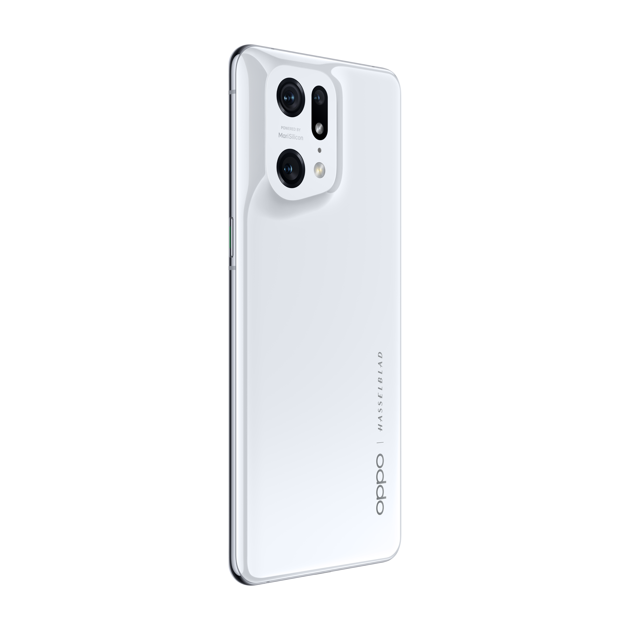 Weißes Telefon mit drei Rückkameras und Hasselblad-Branding, auf schwarzem Hintergrund.