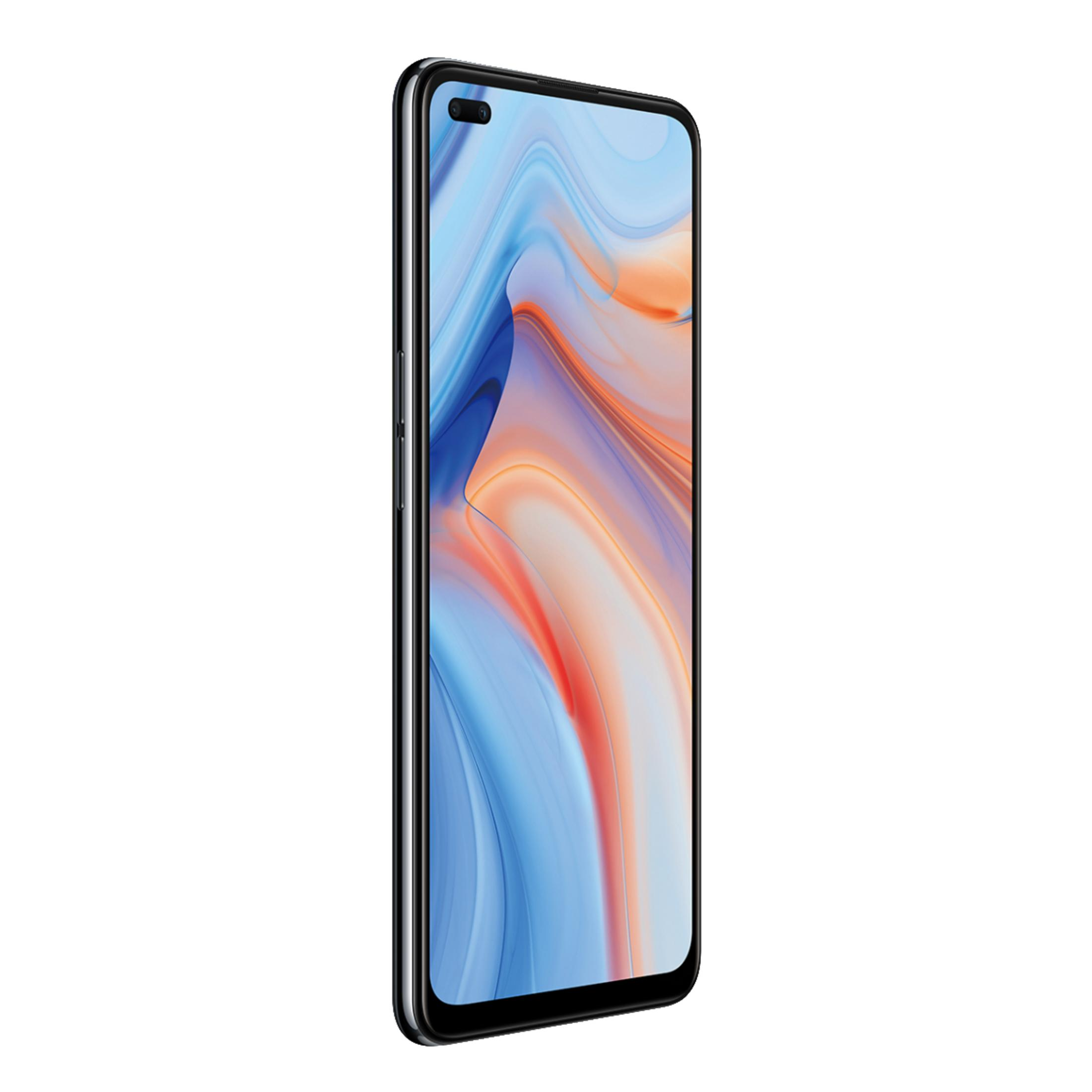 Un smartphone negro con pantalla colorida, en ángulo, mostrando un patrón azul y naranja.