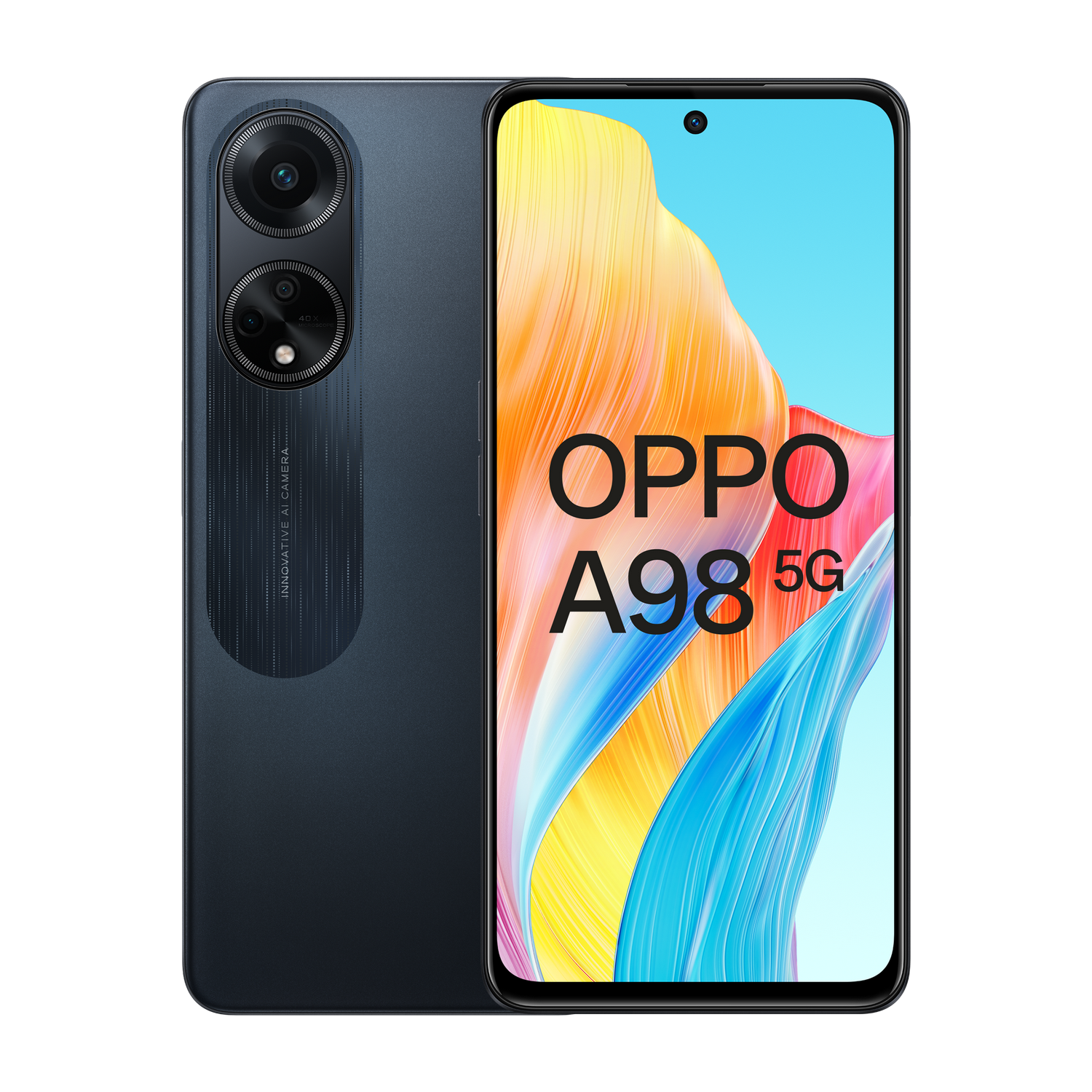 Czarny smartfon z dwoma aparatami z tyłu. Ekran wyświetla obraz i logo Oppo.