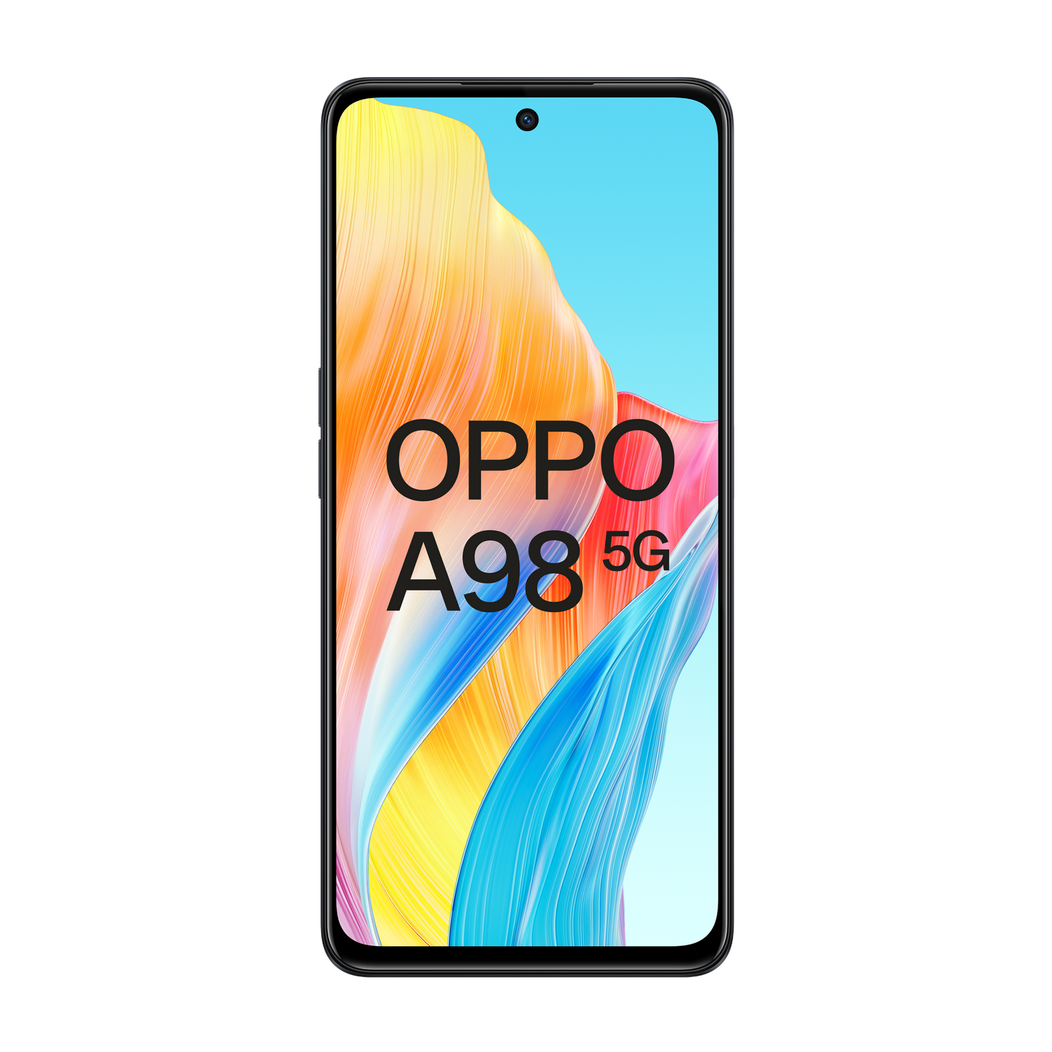 Smartfon z nazwą OPPO A98 5G na kolorowym tle z czarną obwódką.
