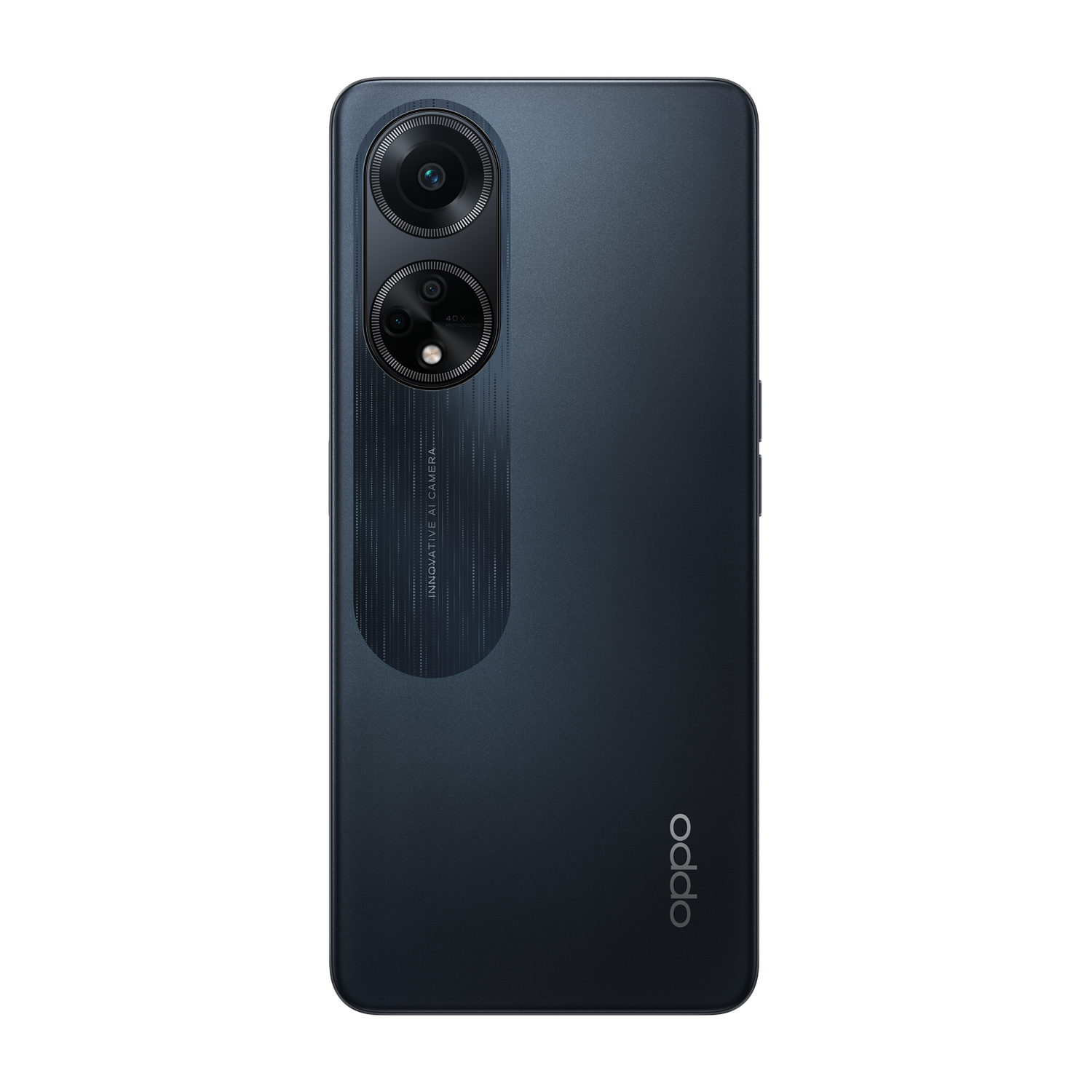 Tył ciemnoniebieskiego telefonu Oppo. Posiada podwójne aparaty i logo Oppo.