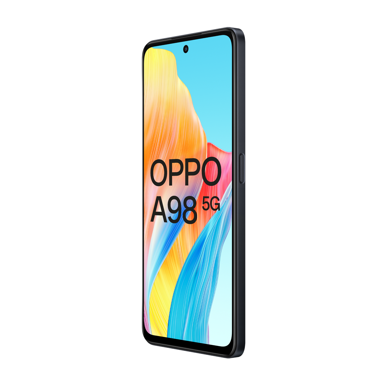 Czarny telefon pod kątem, wyświetlający ekran z napisem OPPO A98 5G. Czarne tło. Widok z boku.