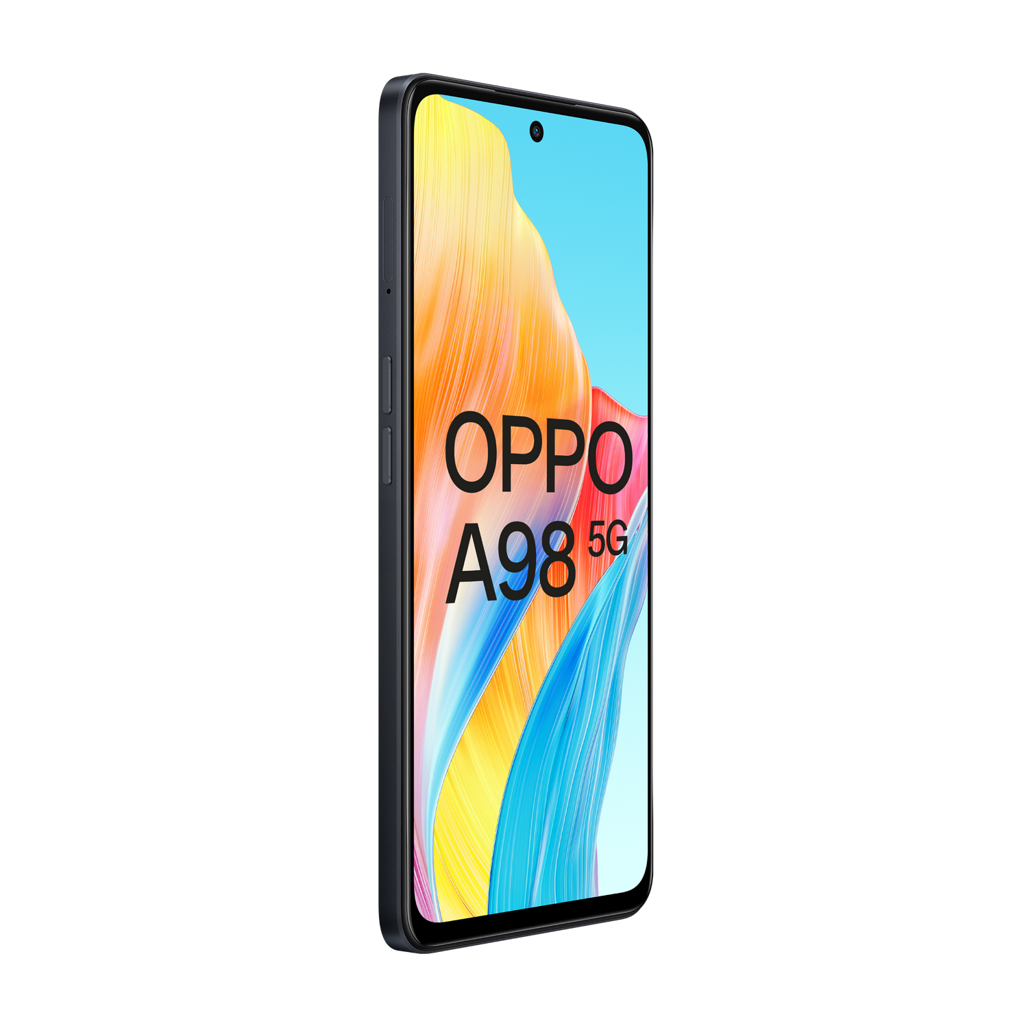 Ekran smartfona pokazujący 'OPPO A98 5G' na czarnym tle.