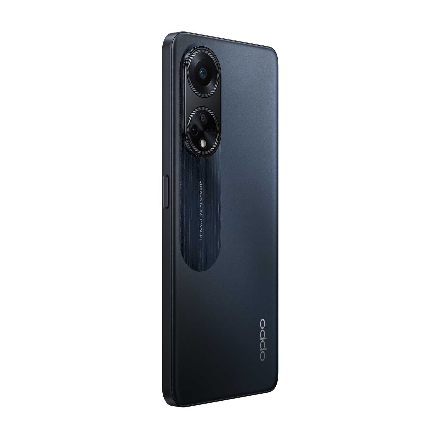 Tył czarnego smartfona z podwójnymi aparatami i logo OPPO na czarnym tle.