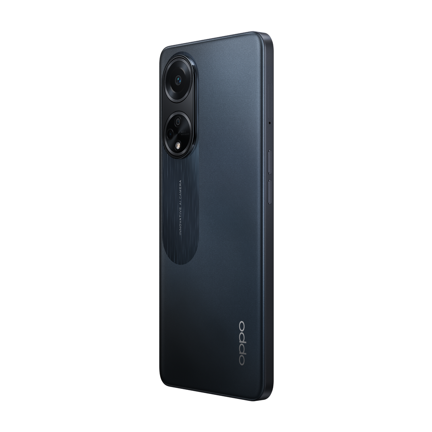 Czarny smartfon, pod kątem, pokazujący tył z logo Oppo i aparatami.