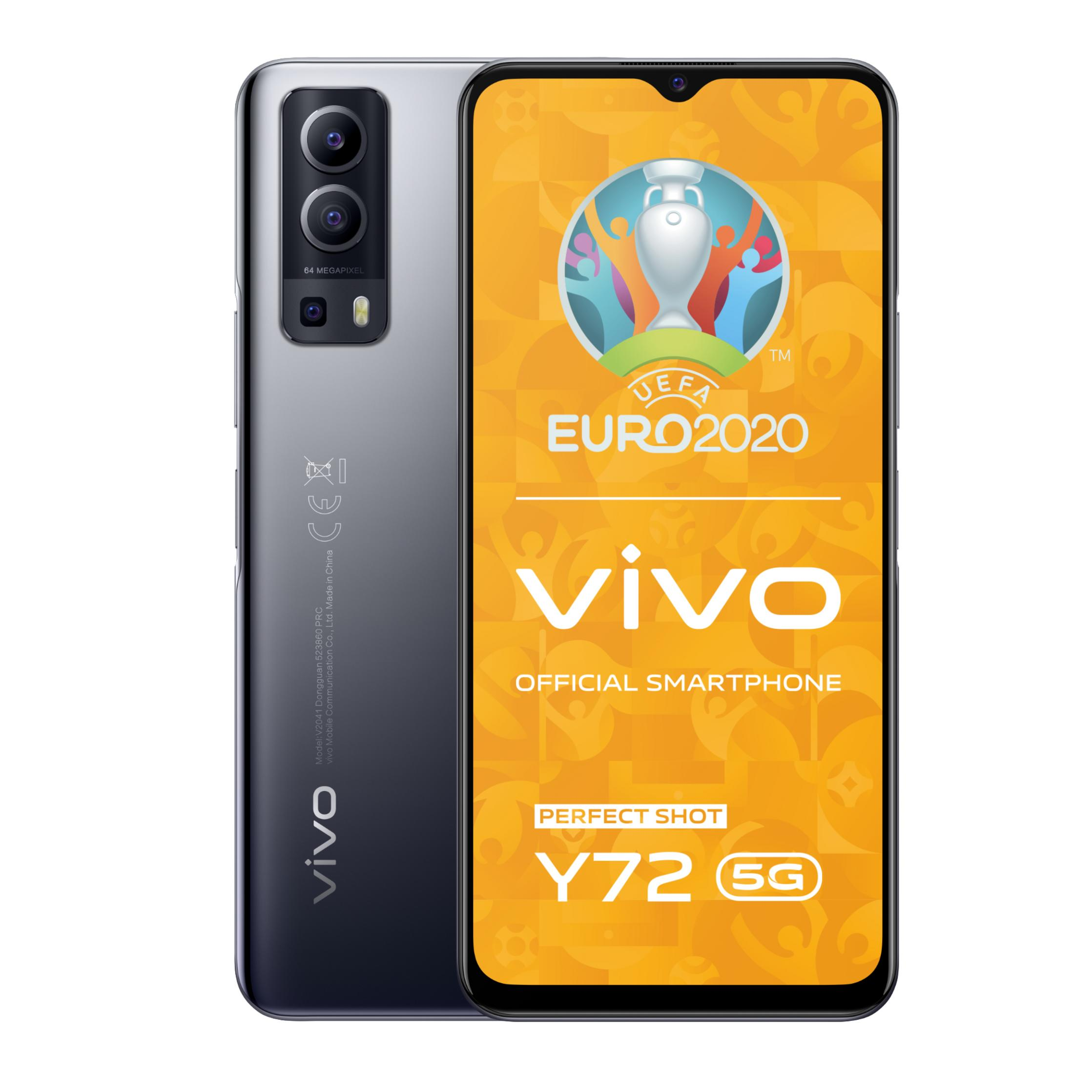 Ein schwarz-graues Vivo Y72 5G-Telefon mit einem Bildschirm, der ein UEFA Euro 2020-Logo anzeigt.