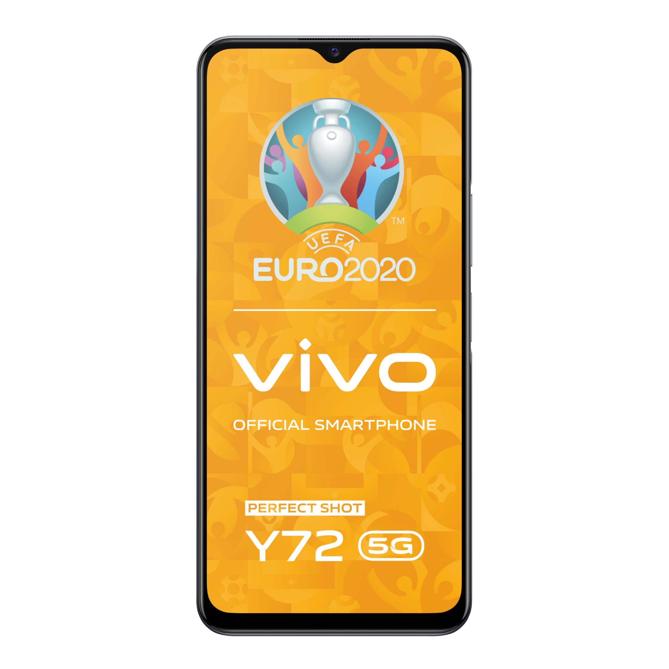 Telefon zeigt UEFA Euro 2020 Logo und Vivo Marke. Gelber Hintergrund.