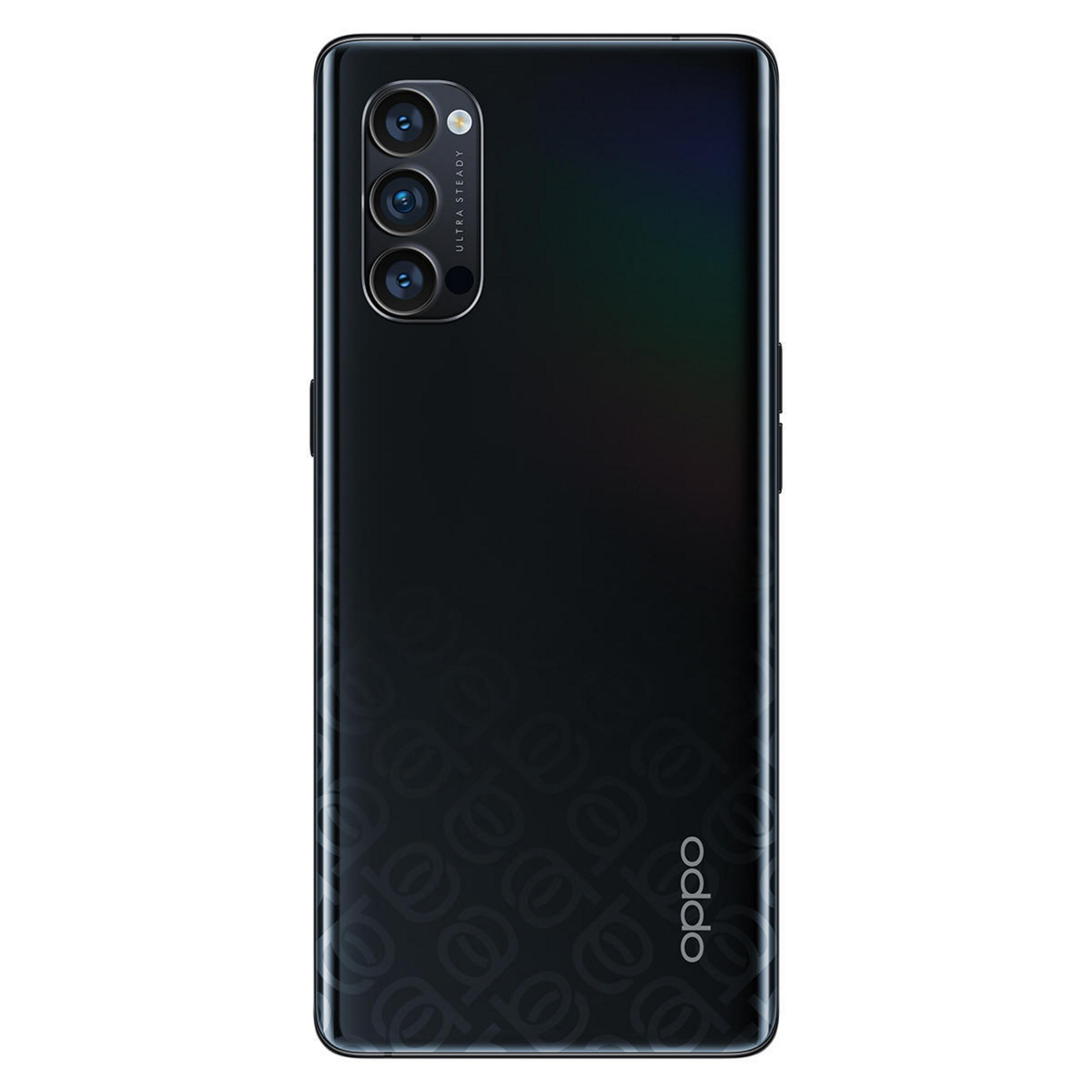 Czarny telefon ze wzorem z tyłu i słowem 'oppo'.