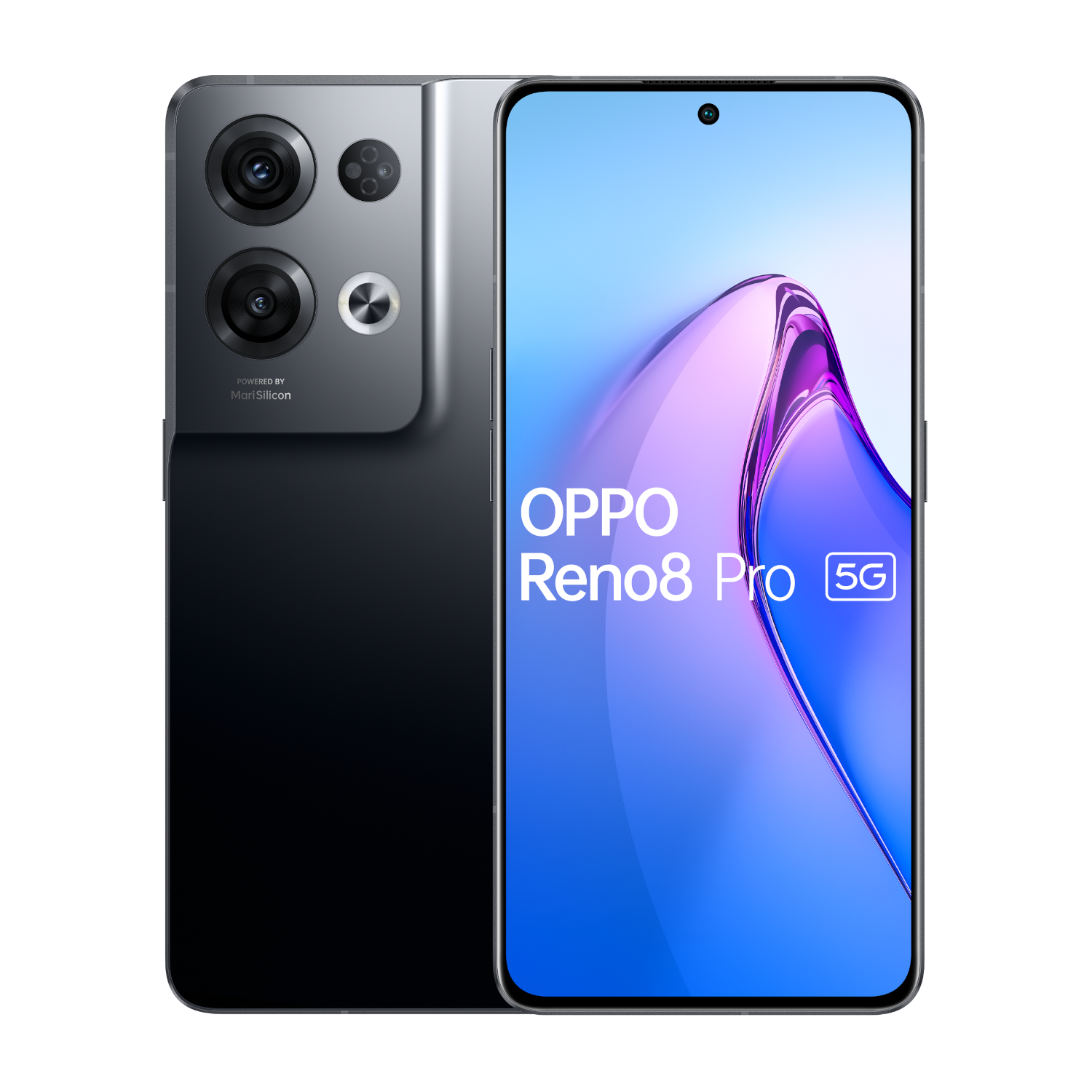 Czarny i srebrny telefon Oppo Reno8 Pro 5G, pokazujący tył z aparatami.