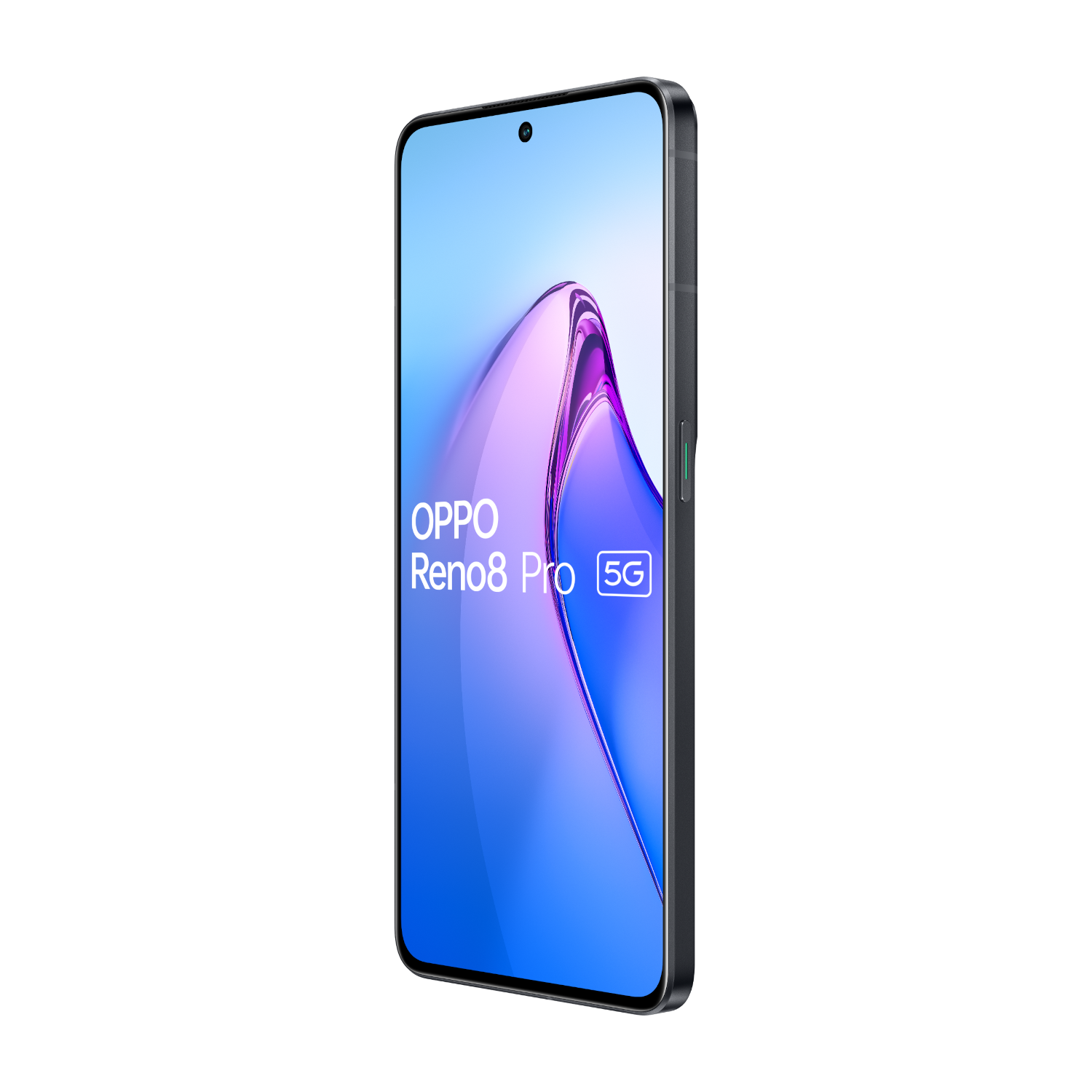 Telefon Oppo Reno8 Pro 5G na czarnym tle. Ekran wyświetla fioletowo-biały wzór.